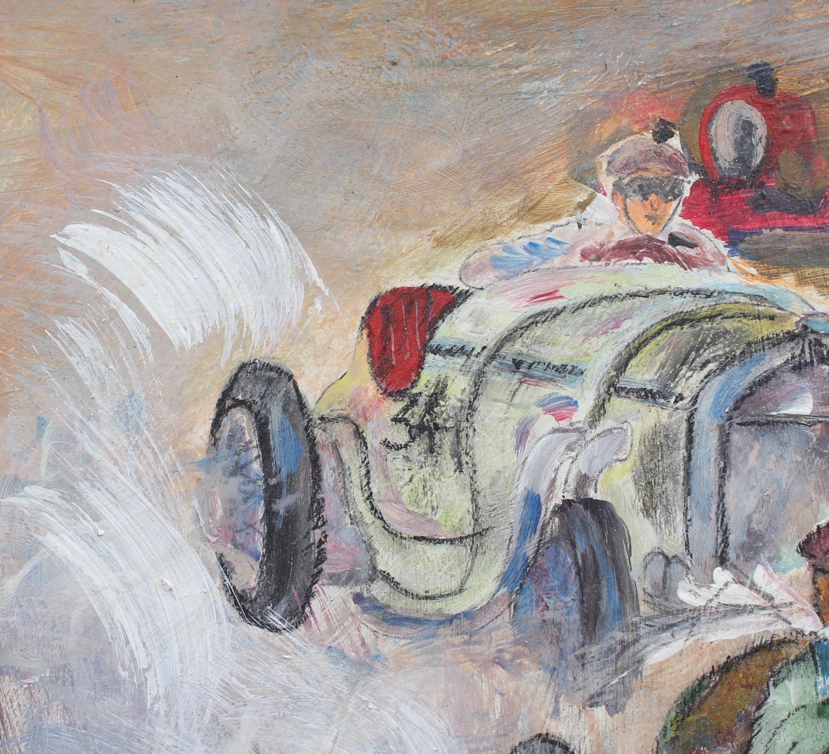 'Grand Prix Racer II', French School, oil on board (circa 1960s). The 'good ole' days' of Formula One (or Grand Prix) racing are depicted in this thrilling mid-century oil painting (second in the series). This racing car is most likely a Bugatti,