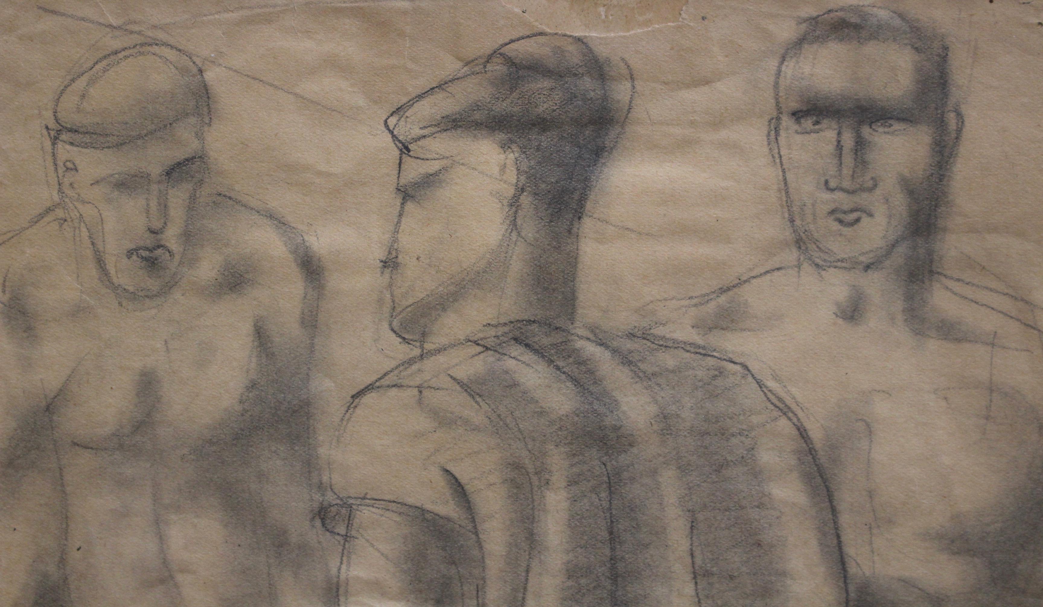 'The Roman Bath', pencil on art paper (circa 1960s), School of Rome. Three broad-shouldered men make their way through the sultry corridors of the Hammam in 1960s Rome. One wears his bath towel like a superhero's cape, the others, more modest in