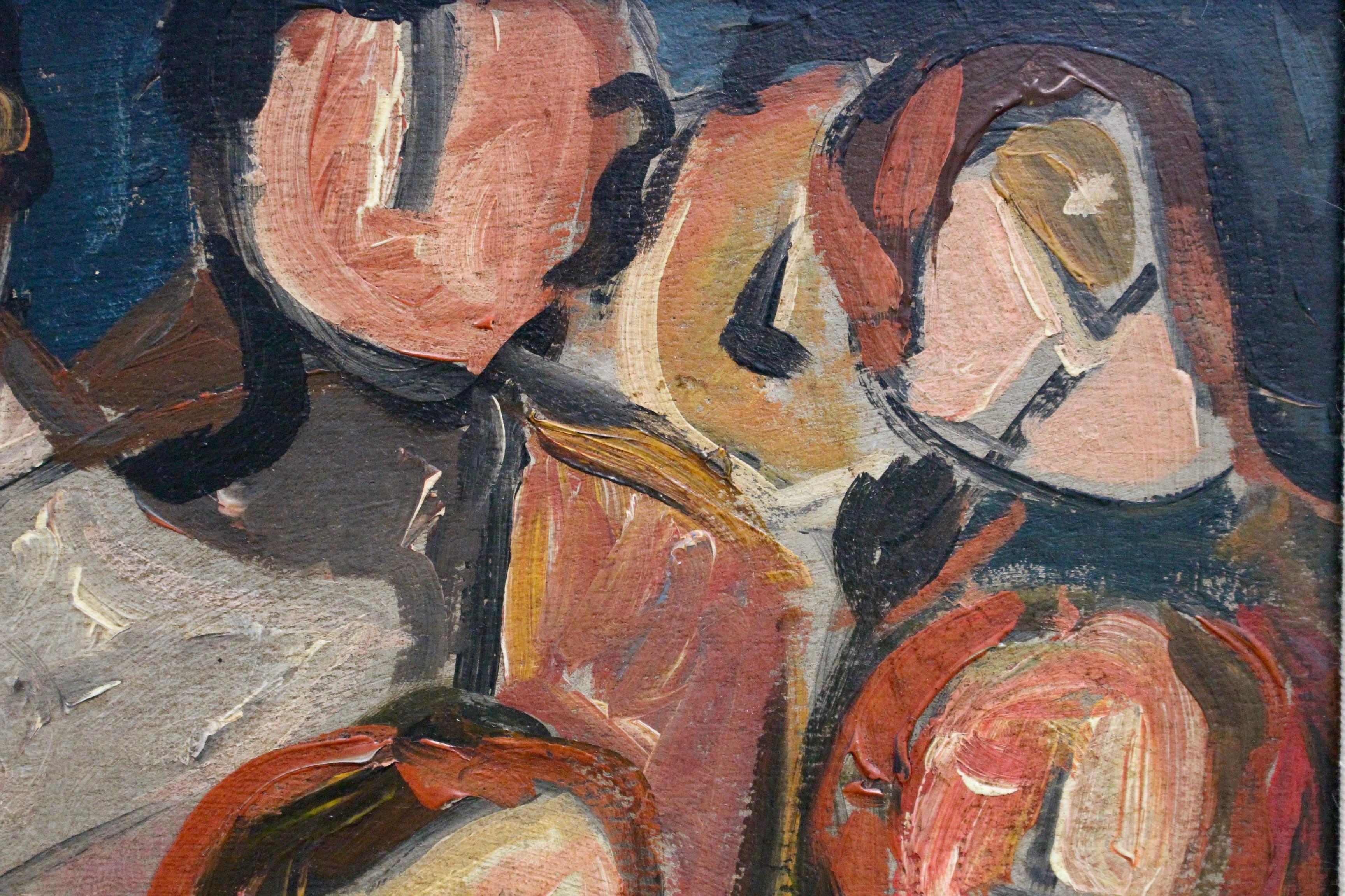 'The Gathering', oil on board, Berlin School, Initialed 'TZ' (circa 1960s - 70s). A gathering of friends clearly having a wonderful time are enjoying each other's company. Although the faces are anonymous and without detail, it is evident they are