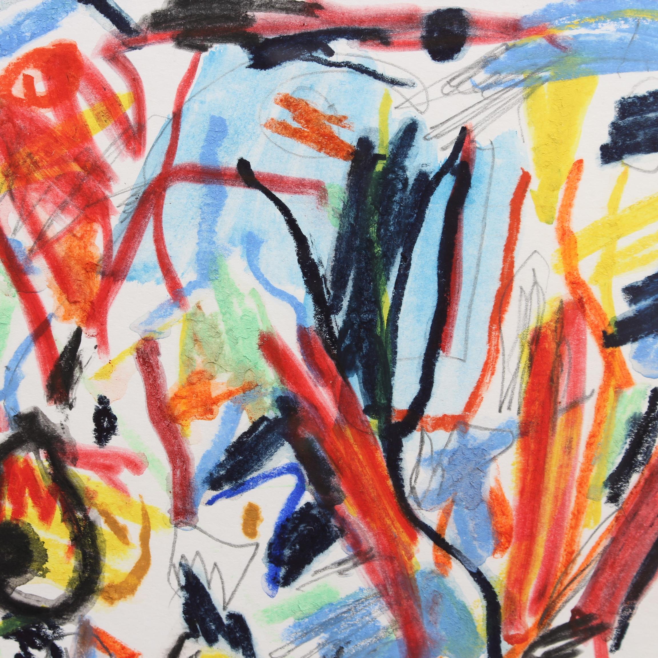 'Dinosaur Me & Baby' abstract composition, mixed media on soft board, Japanese ink, oil, pencil and gouache by Erez Yardeni (2018). The scribblings of a child and the creative meanderings of an artist reside behind the frame's glass. The viewer may