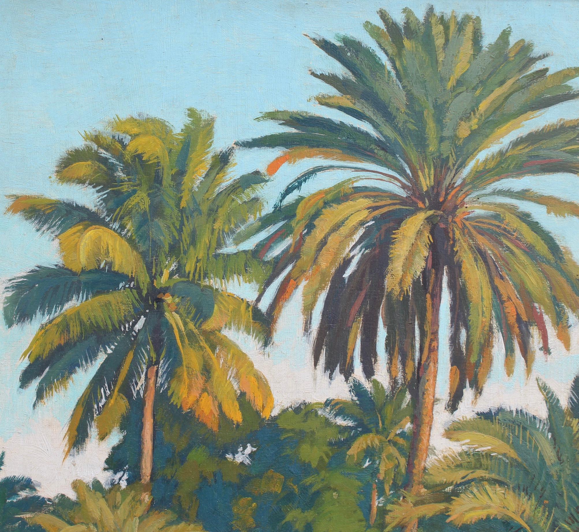 Under the Palm Trees of Madagascar - Gray Landscape Painting by Paul Léon Bléger