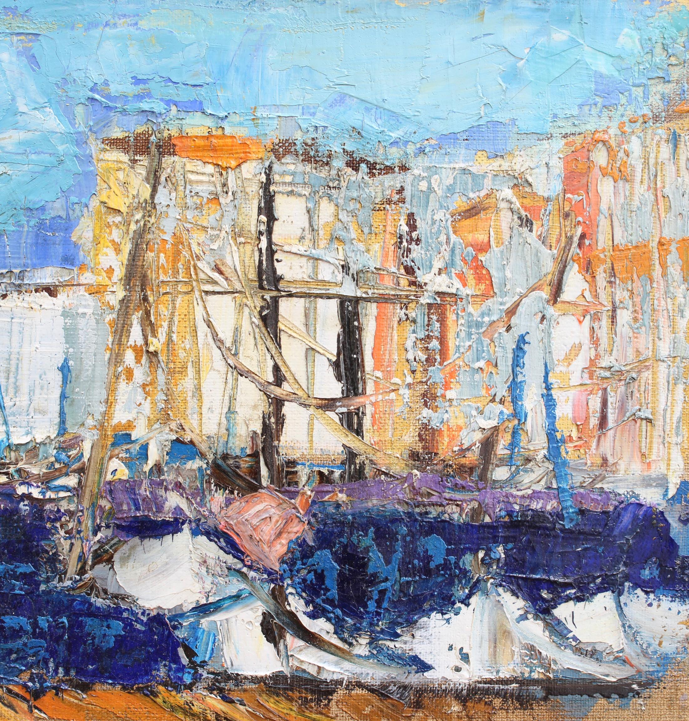 'The Old Port Marseille', oil on canvas, by Françoise Pirró (circa 1970s-80s). The way the artist employs her thick brush strokes and palette knife with vibrant colours creates an image that embodies elements of abstraction and cubism. Her