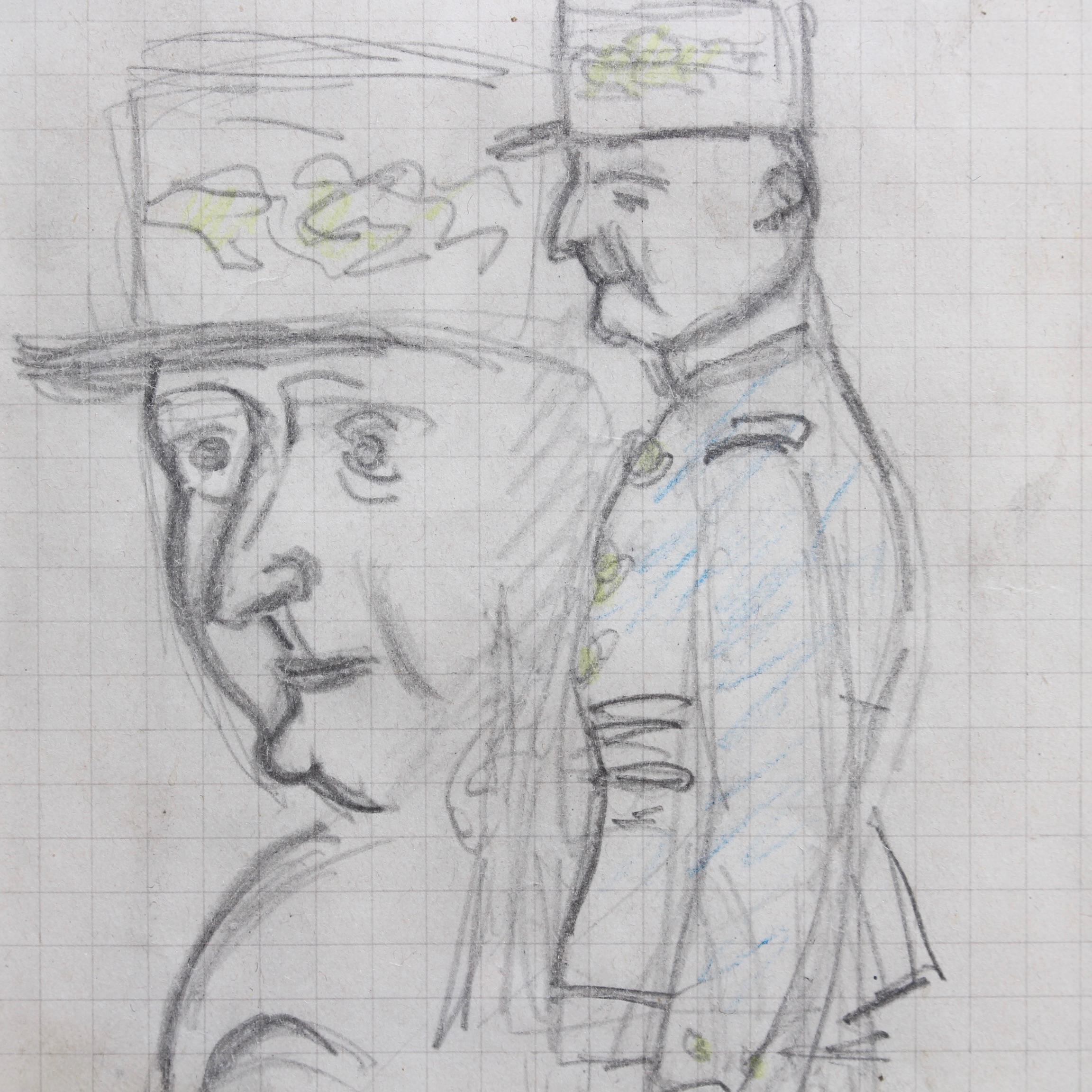 'Mon Colonel', pencil and crayon on paper, by noted French artist, Auguste Chabaud (circa 1914-1918). A delightfully simple drawing of a French Army colonel in profile along with closer views of the figure with military covering and without.