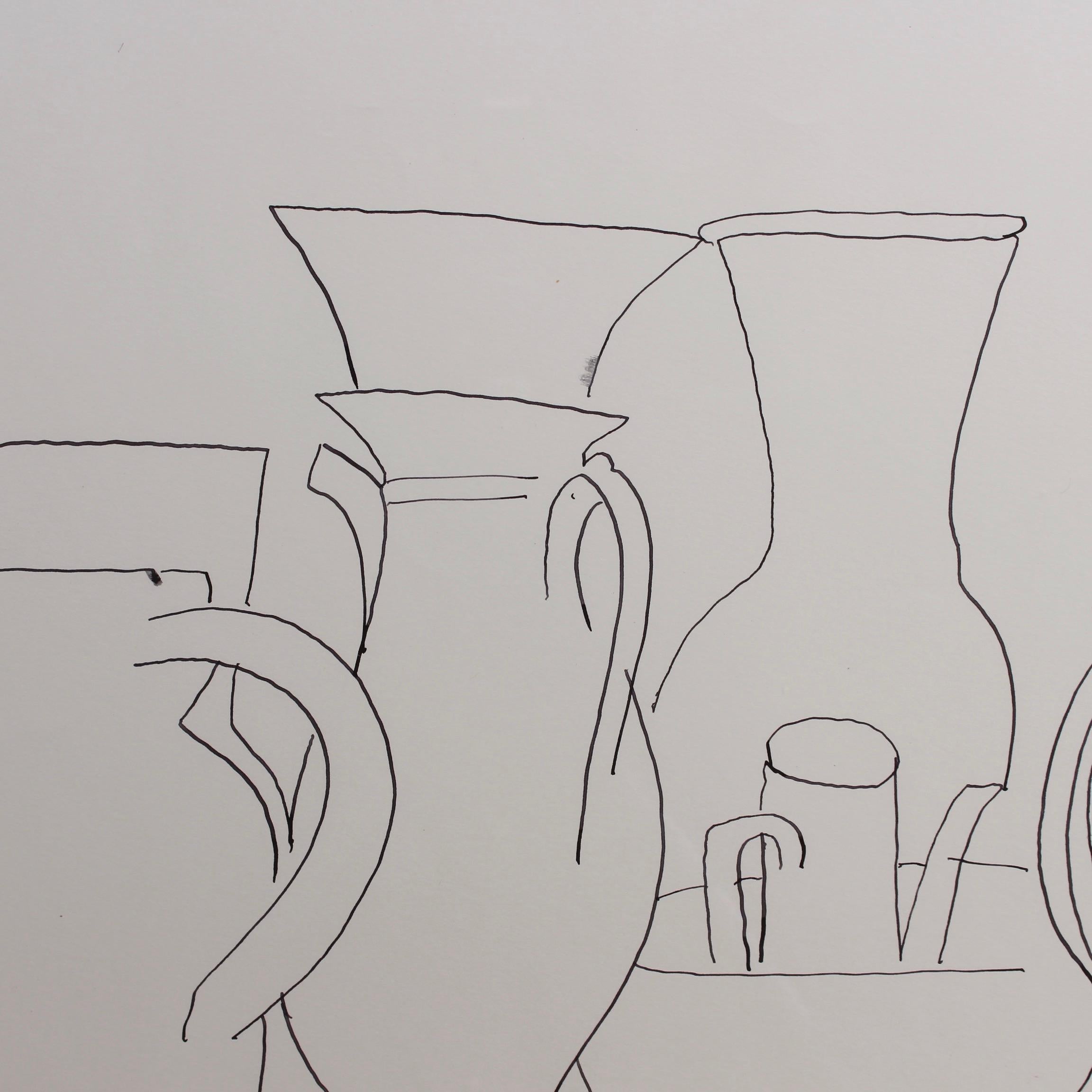 'Still Life with Vessels and Violin', ink on paper, by Pierre Ambrogiani (circa 1950s). The artist intrigues the viewer with simple but elegant lines blurring the distinction between the vessels, vases and violin. Discovered in the South of France,