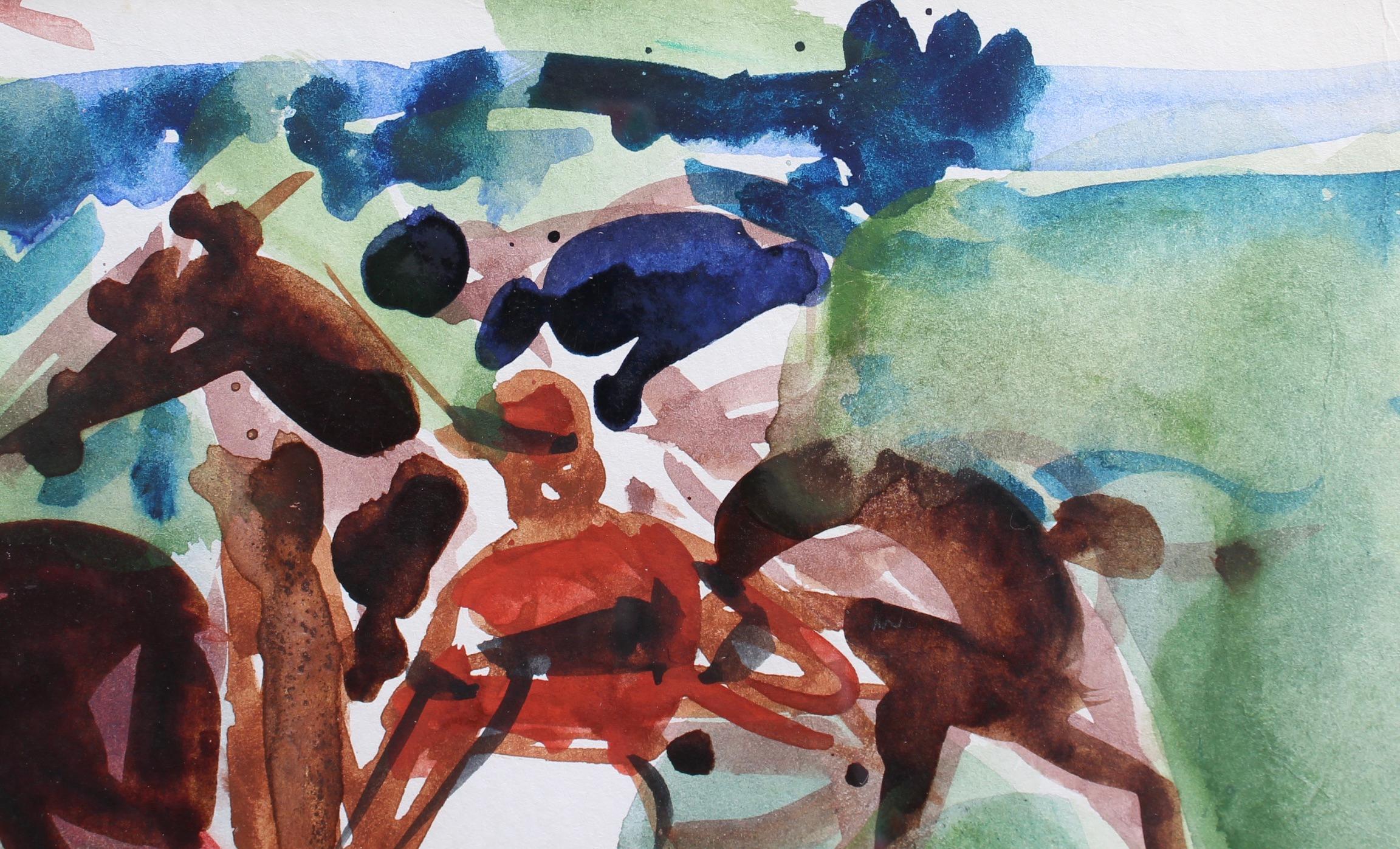 'The Polo Grounds', watercolour on art paper (circa early 1960s), by Pierre Gaillardot. The game of polo - sometimes called 'the sport of kings' - is wildly exciting and played on horseback with two teams of four players each. The players use