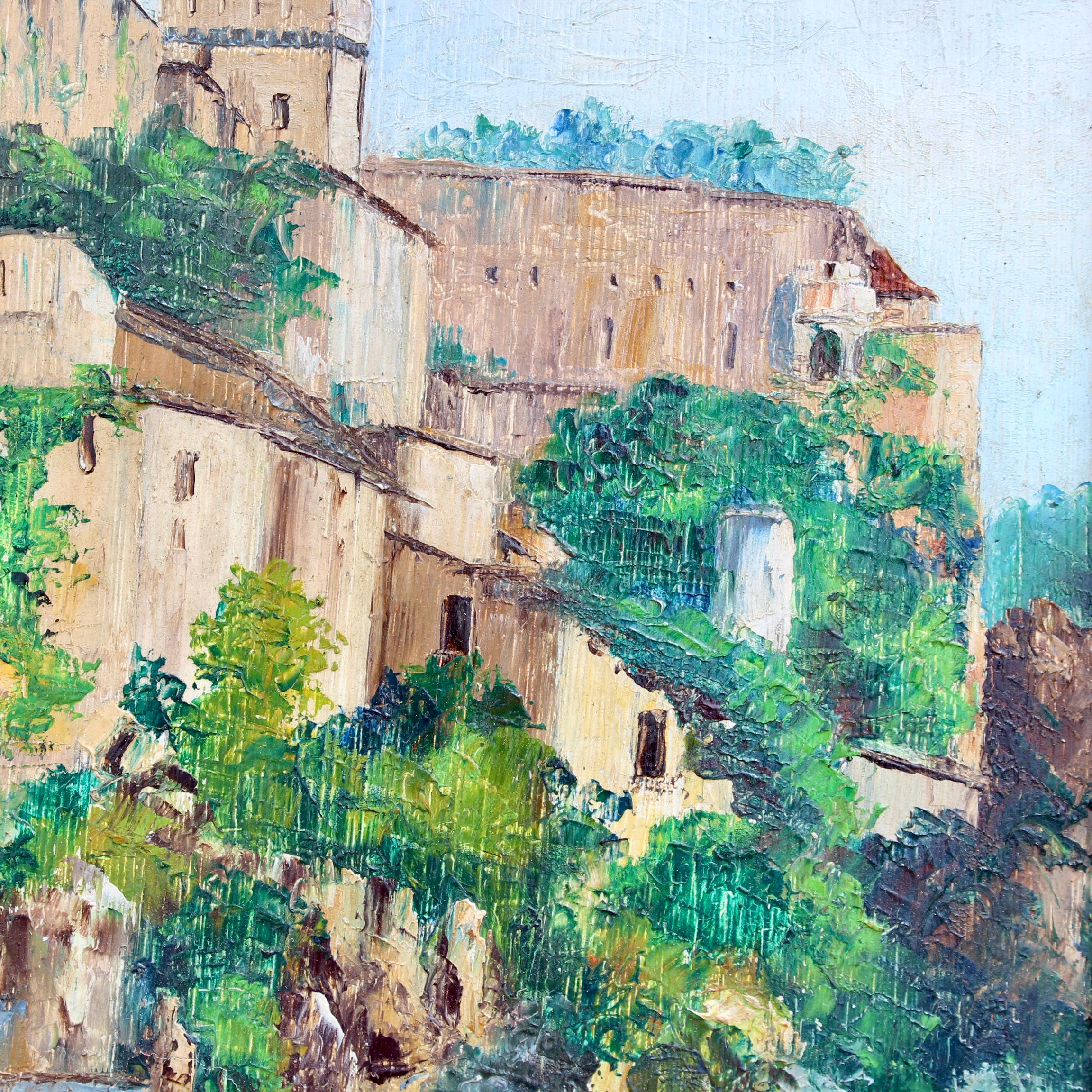 'The Chateau of Lourdes', oil on board, by French artist, Maurice Martin (circa 1930s- 50s). The castle is in Southwest France strategically placed at the entrance to the seven valleys of the Lavedan, a mountainous natural region in the heart of the