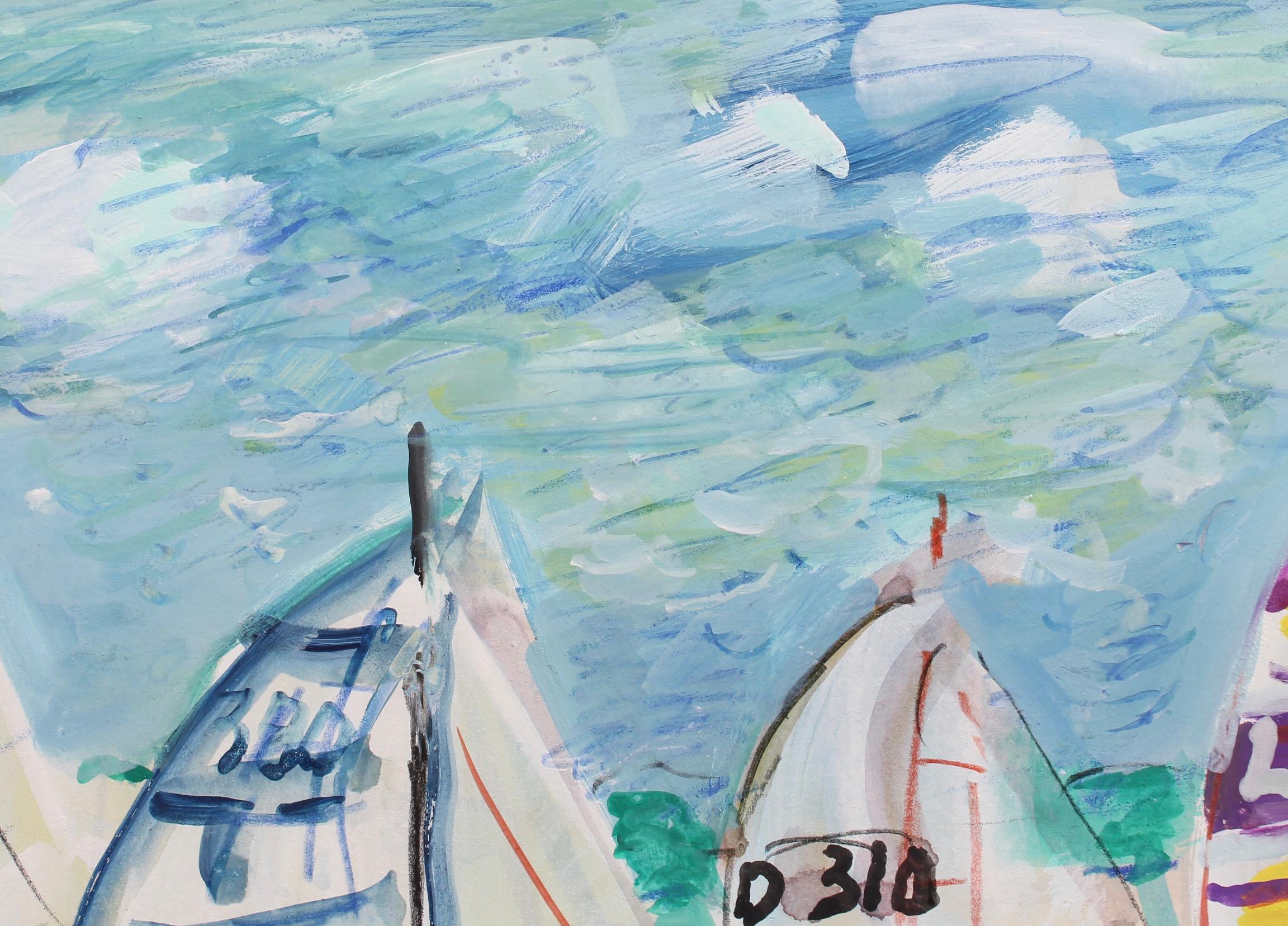 'Spinnakers out at La Trinité Regatta', gouache on paper, by Maurice Empi (circa 1970s). A horn signals the 15 minute countdown to the start of the regatta. The moments that lead up to the start of a sailboat race are absolutely nerve-racking. Each