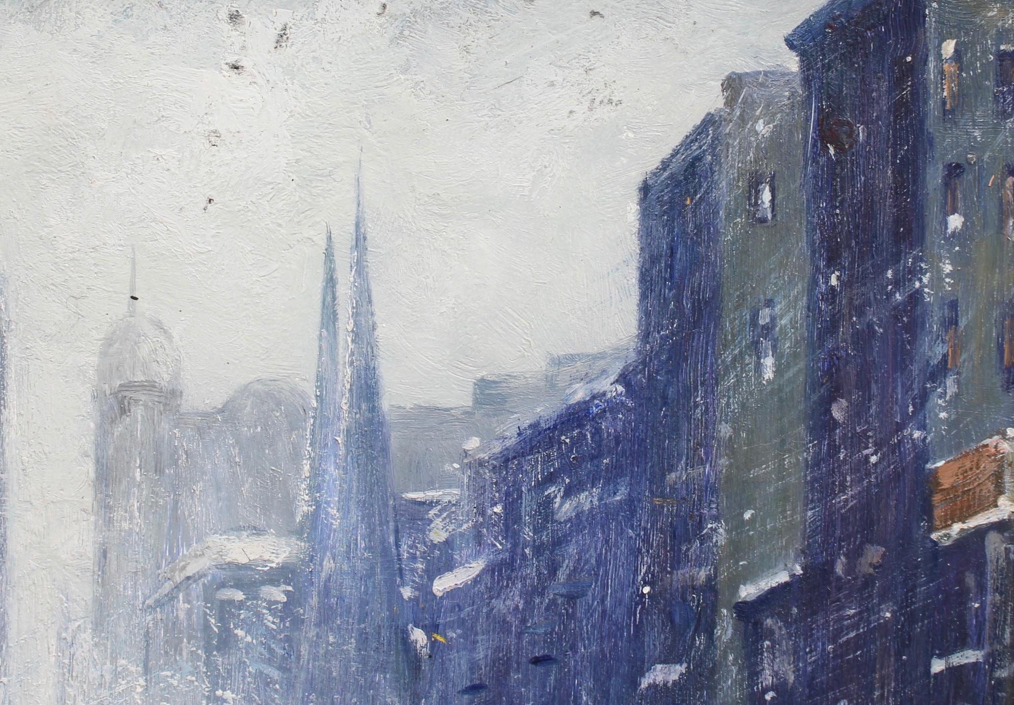 'New York Public Library Under Snow 1940s' by Finley - Gray Figurative Painting by (After) Guy Carleton Wiggins