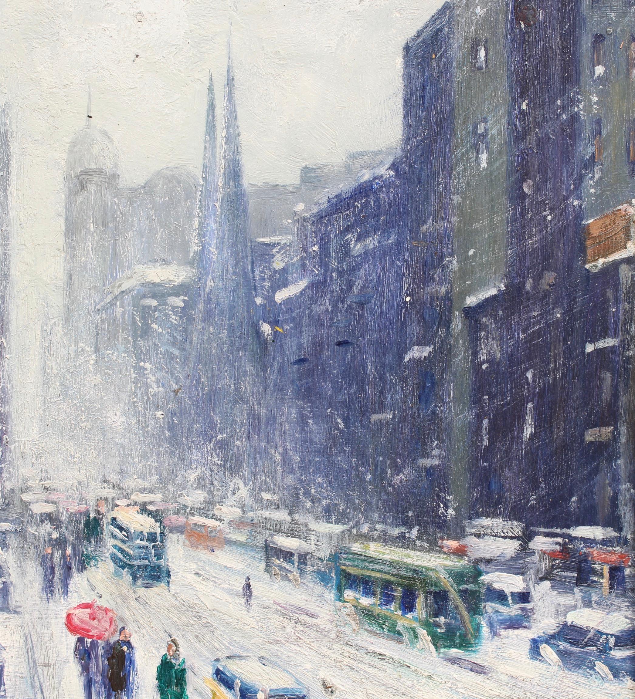 'New York Public Library Under Snow 1940s', oil on board, by Finley, after Guy Carleton Wiggins (circa 1960s). The unknown artist that created this work clearly was paying homage to the famous painter of New York City winterscapes, Guy Carleton