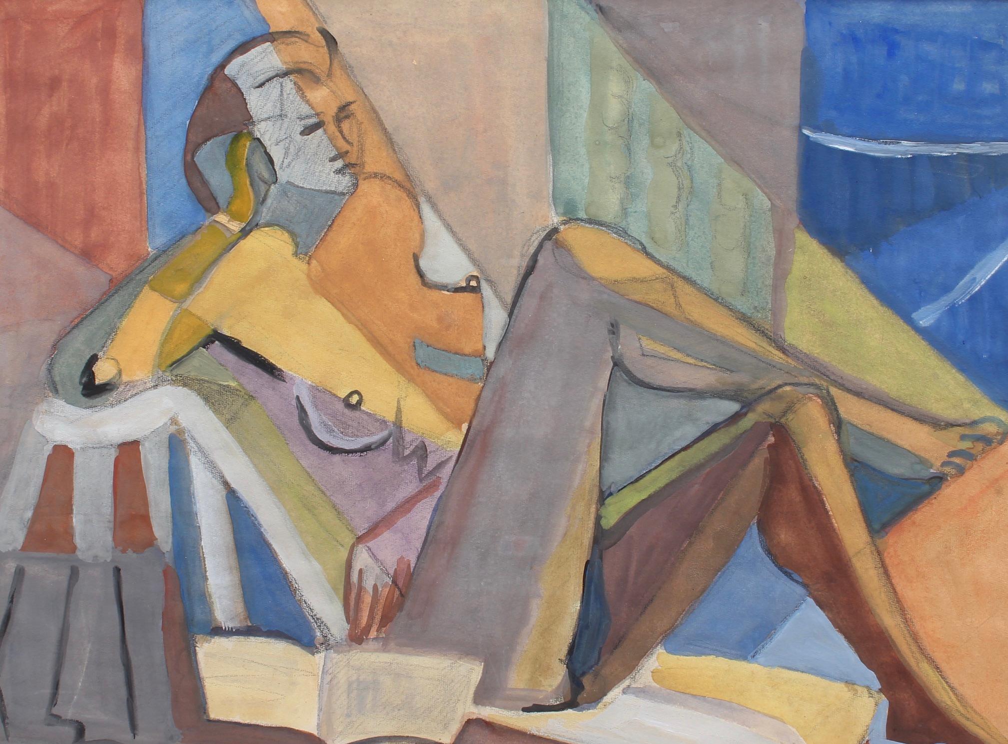 A portrait of reposing cubist nude with book, in gouache on fine art paper (circa 1950s), by artist Kosta Stojanovitch. This work is one in a series of several images this gallery has acquired. In this depiction, an elegant woman lounges