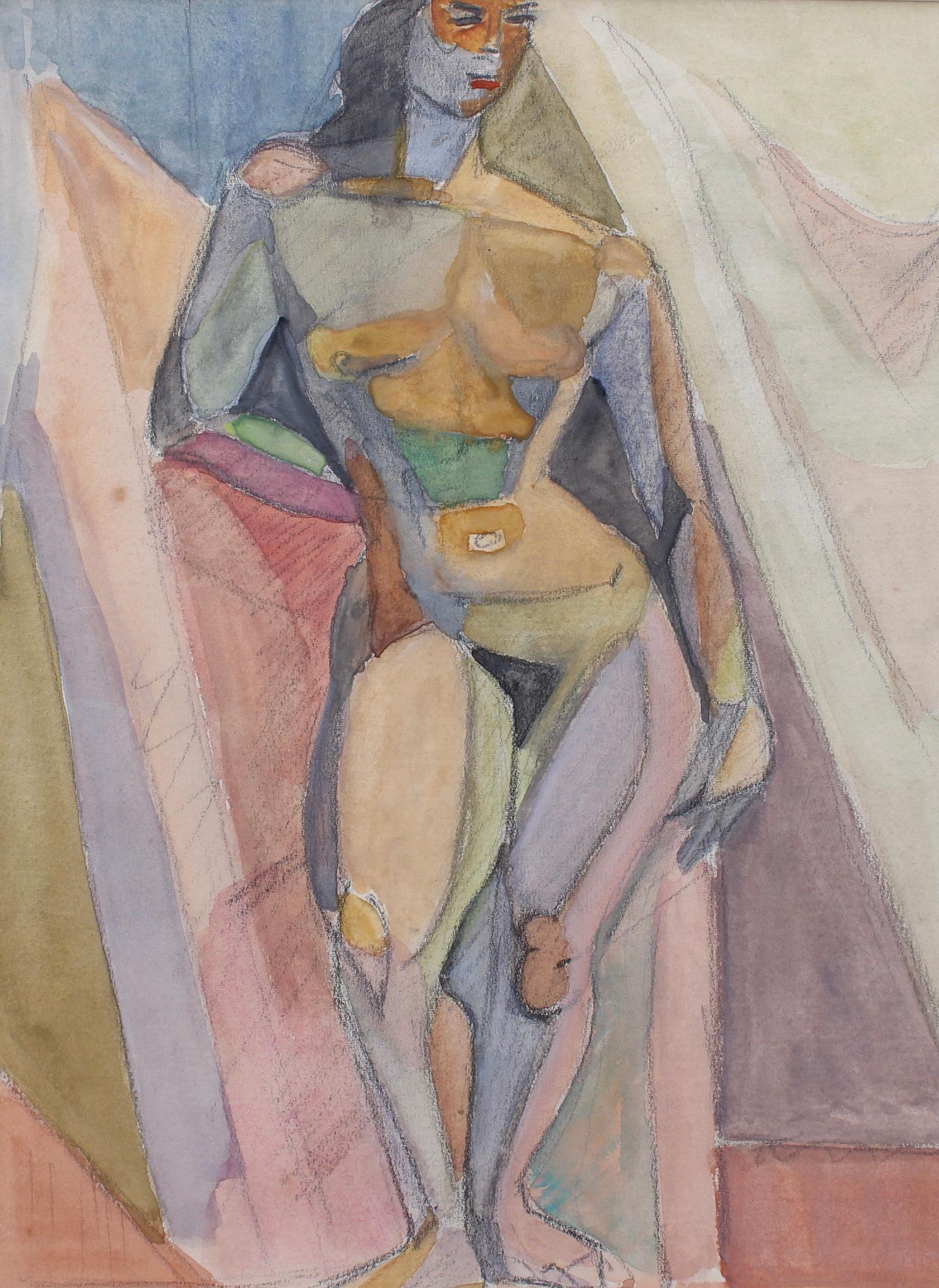 A cubist nude portrait of a reclining woman in model pose, in gouache and pencil on fine art paper (circa 1950s), by Eastern European artist Kosta Stojanovitch. This work is one in a series of several images. Here, an imposing woman stands