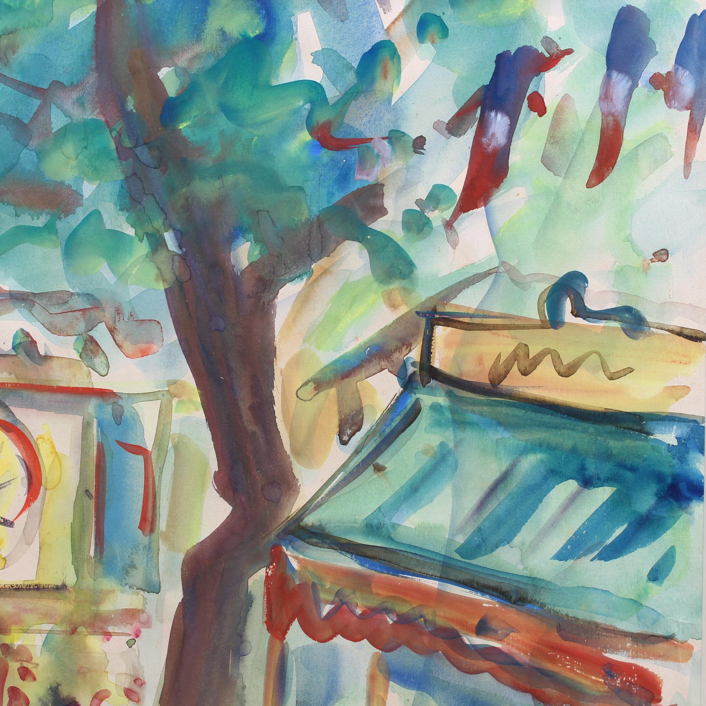 'Parisian Funfair', watercolour on art paper, by French artist, Roland DuBuc (circa 1970s). There is nothing like celebrating summer than an outdoor fun fair under the trees. Each summer, roving carnivals and funfairs seize the villages of la