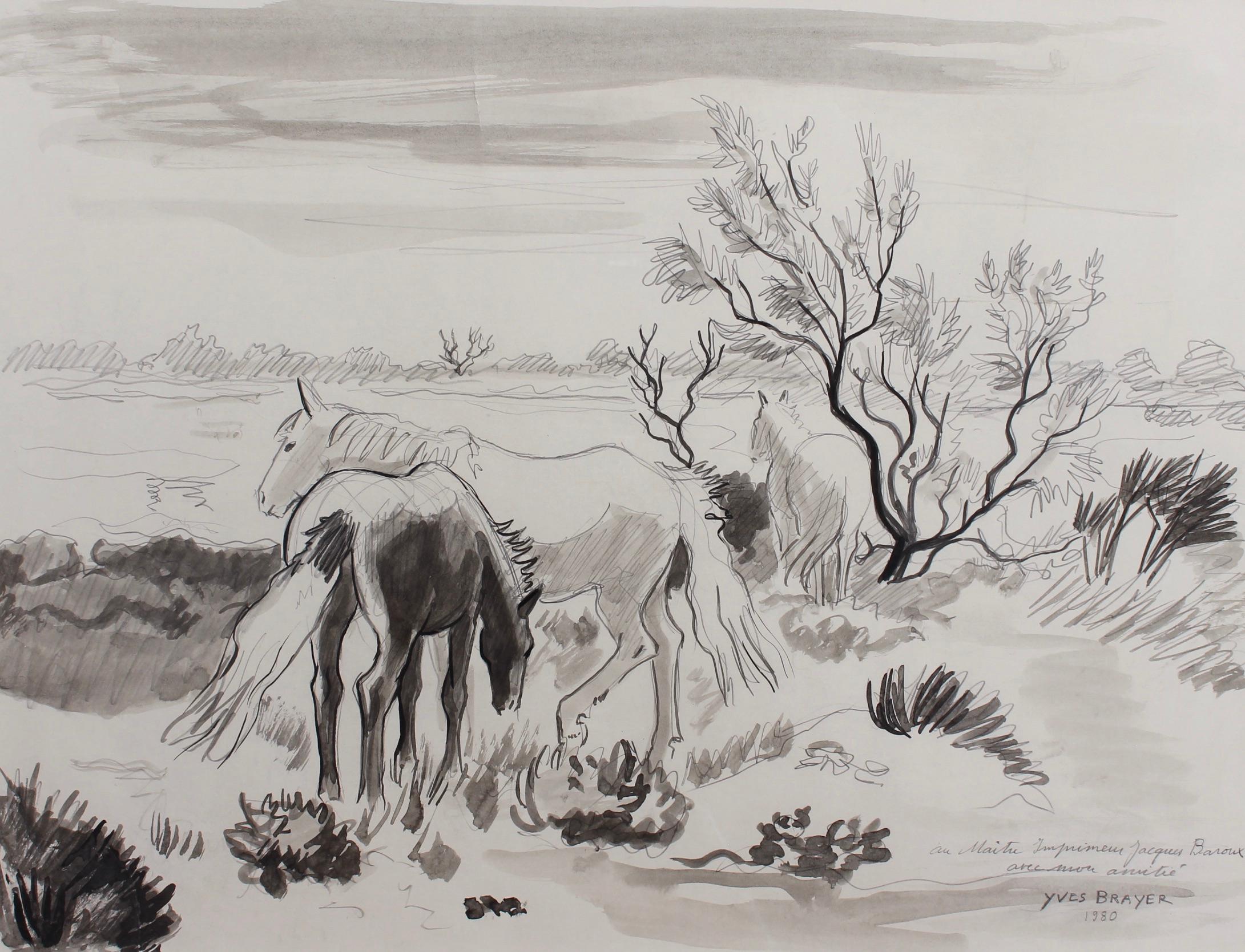 Horses at the Edge of the Pond - Art by Yves Brayer