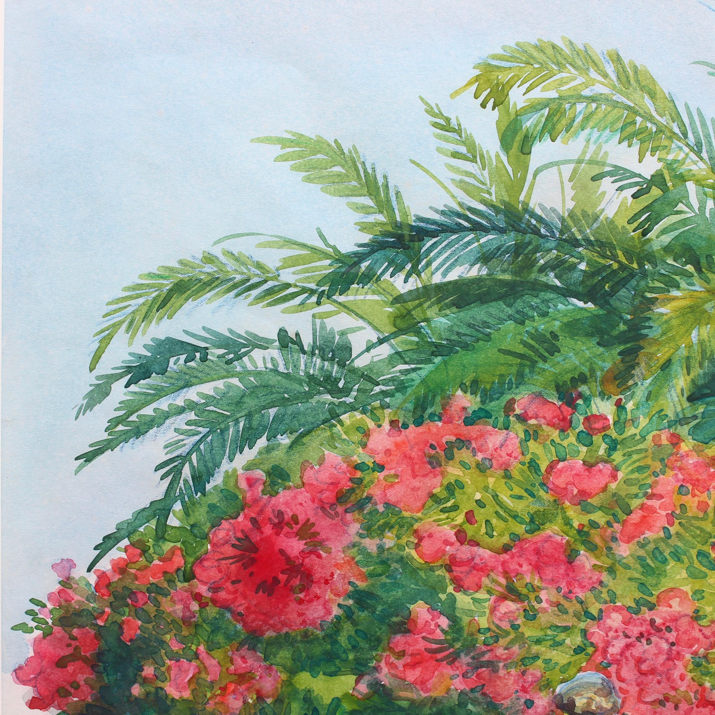 'Pink Laurels in the Park, Côtes d'Azur', watercolour on art paper, by Tony Minartz (circa 1930s). The French Riviera is known for its beautiful parks, particularly in Nice,  Menton, Eze, Antibes and St. Raphael. Although a thorough online search