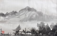 Vintage 'Raining in Formosa on the Tamsui River' by Ran In-Ting (Lan Yinding, 藍蔭鼎)