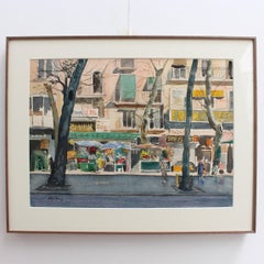 Las Ramblas Barcelona Watercolor on Paper, Signed, Framed, 1984