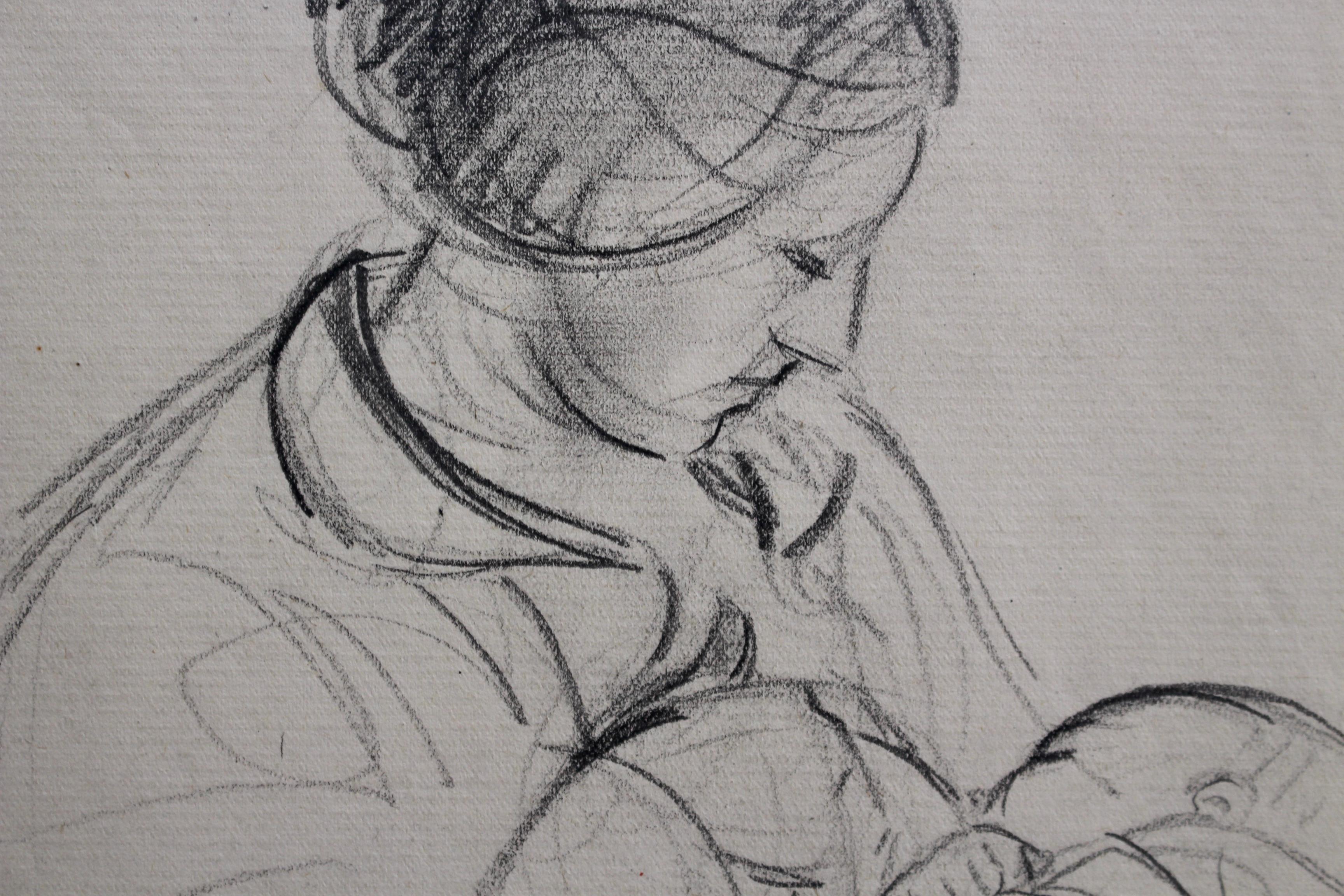 'Mother Nursing Her Baby', pencil on art paper, by French artist, Guillaume Dulac (circa 1920s). An artist known for his exquisite drawings - many are sketches for his larger oil paintings or other works, this piece's beauty lies once again in its