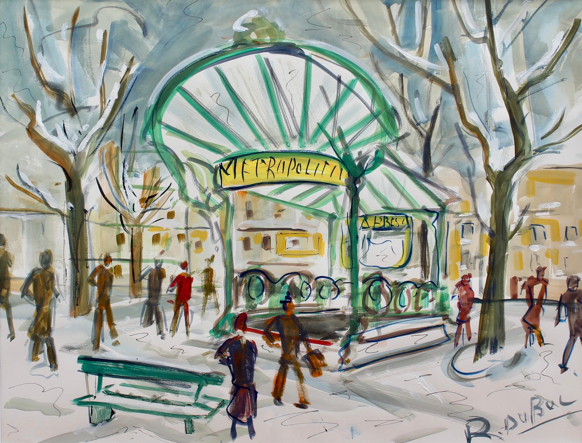 Roland DUBUC Landscape Painting - Paris Metro Station Les Abesses Montmartre