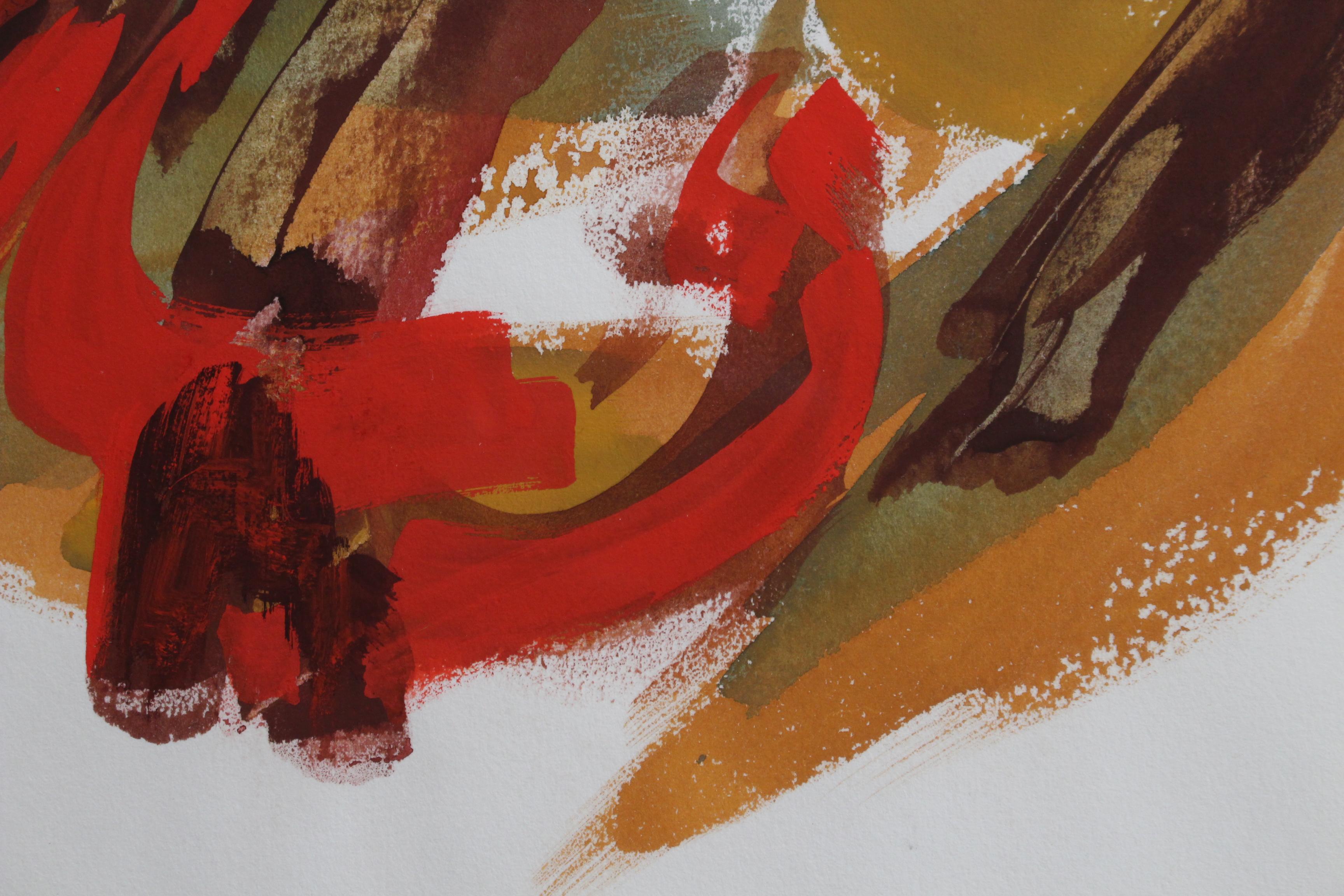 'Composition in Orange and Red', gouache on paper, by James Pichette (circa 1970s). A dynamic, lively abstract composition by an artist known for such stunning, vivid artworks. The painting is in good condition and has been newly framed and glazed.