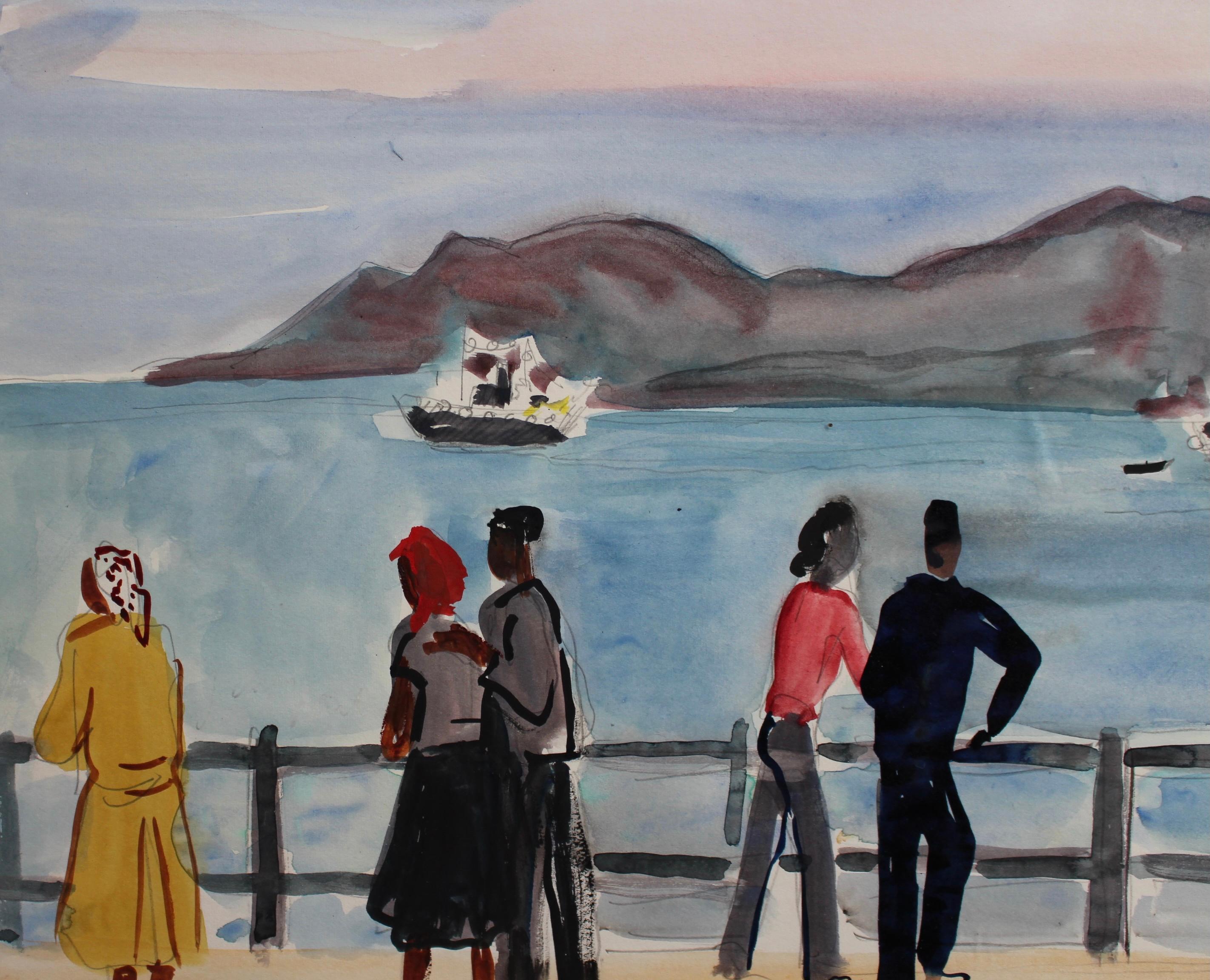 'Seaside Strollers in Cannes', watercolour on art paper, by Yves Brayer (circa 1970s). Even when not in summertime, passers-by and flâneurs in Cannes will find purpose and joy along the promenades of the azure Mediterranean coast. The blues of the