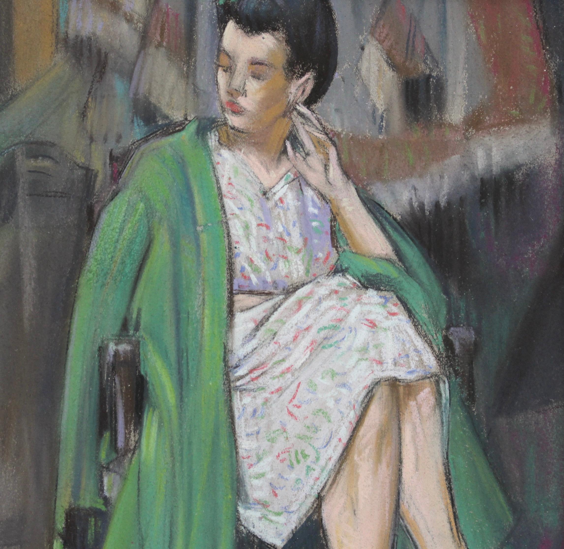 'The Green Coat' by W. Worms - Gray Portrait Painting by Unknown