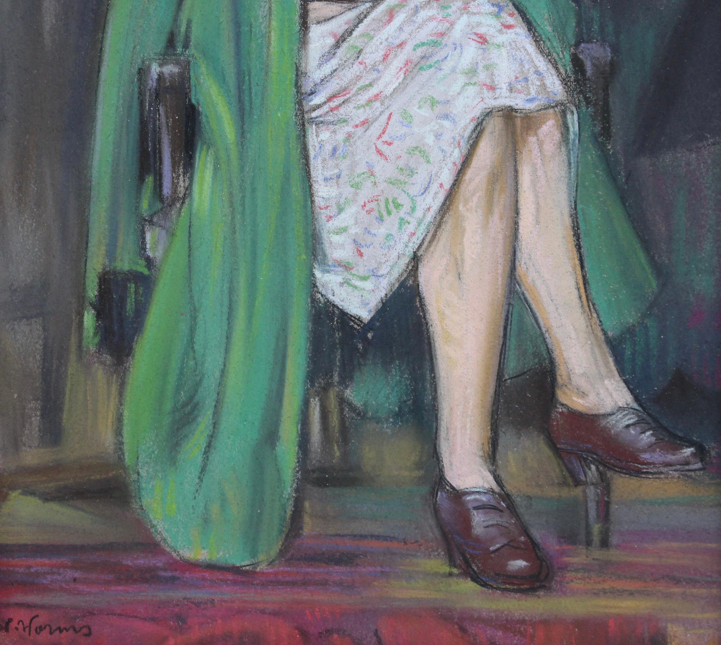 'The Green Coat', pastel on art paper, by W. Worms (circa 1950s). Tenderly portrayed and painted with masterly execution, one may suppose a close connection between artist and subject. Being seated indoors with coat implies that one is there