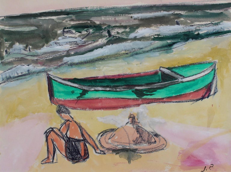 Jean Pons Landscape Art - Small Boat and Bather in Dinard