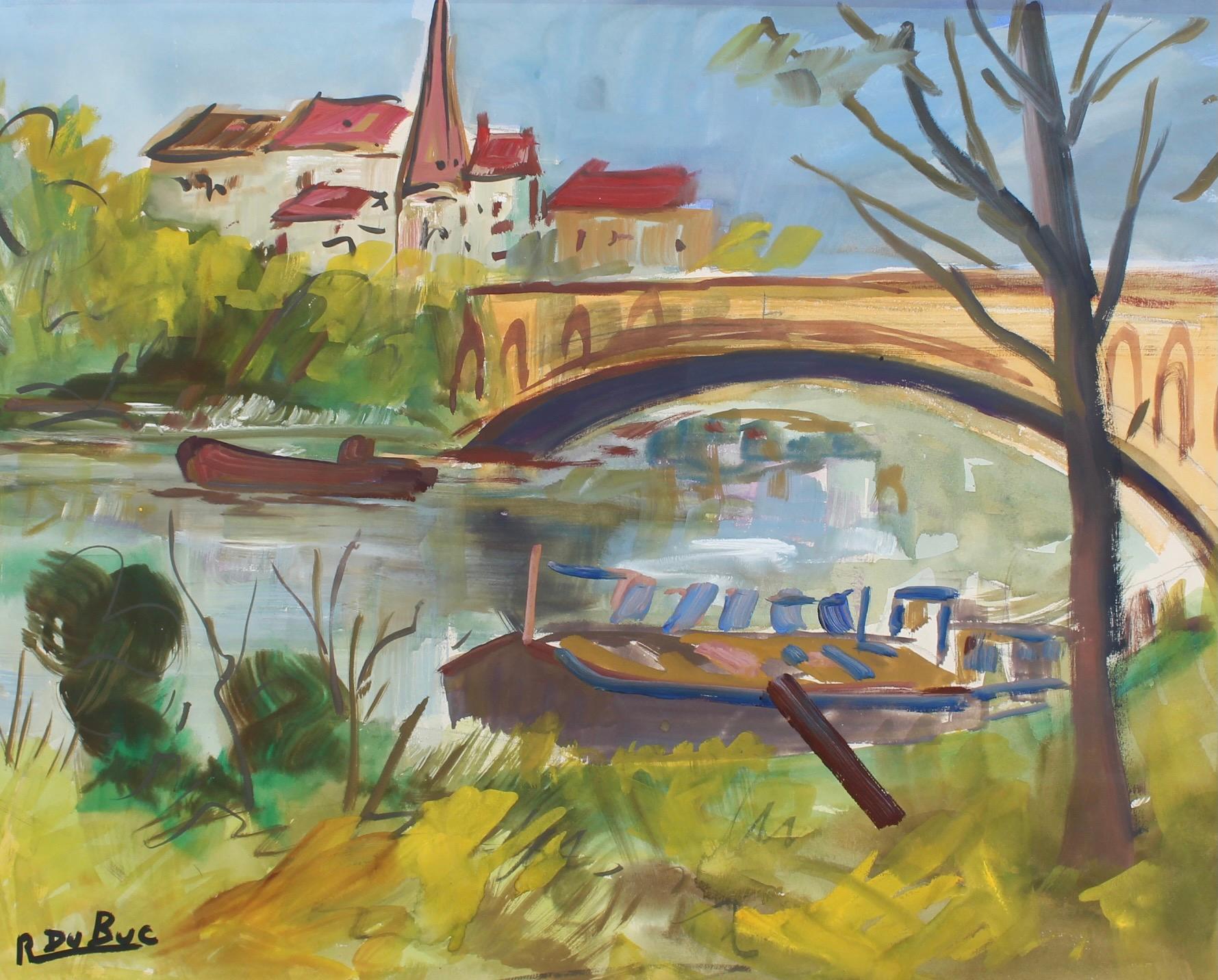 Roland DUBUC Landscape Painting - Barge on the Seine River