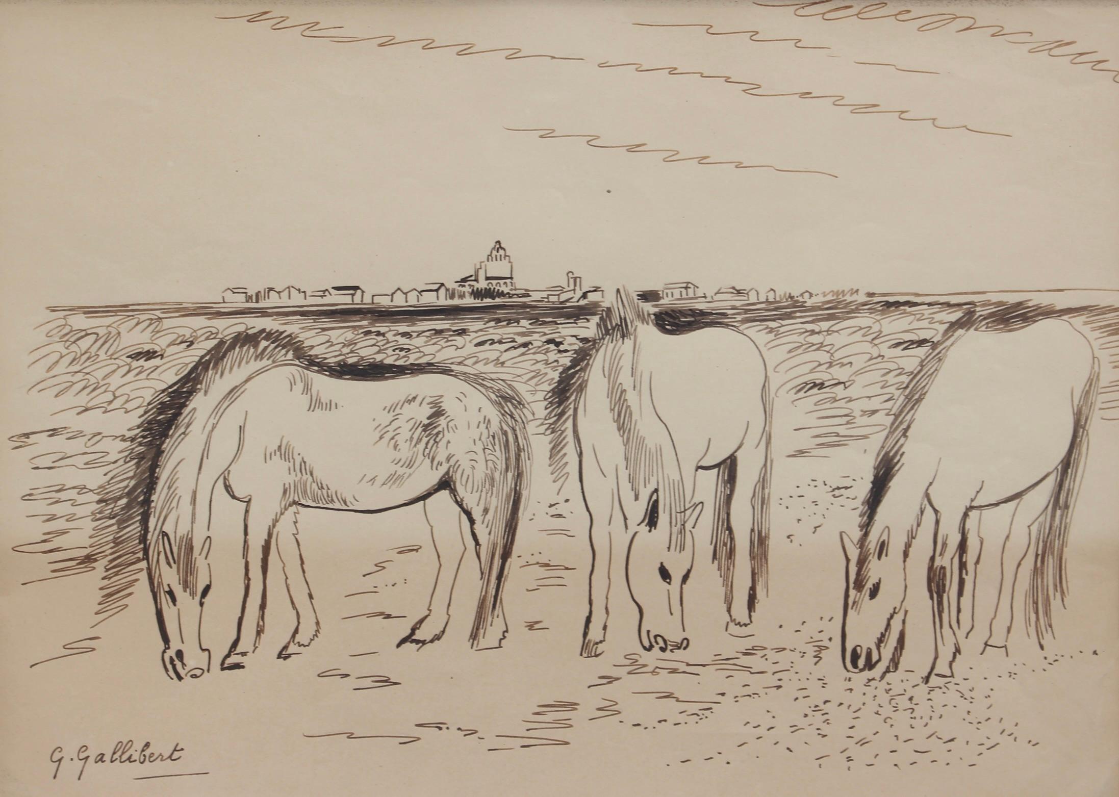 Genevieve Gallibert Figurative Art - Grazing Horses in the Camargue