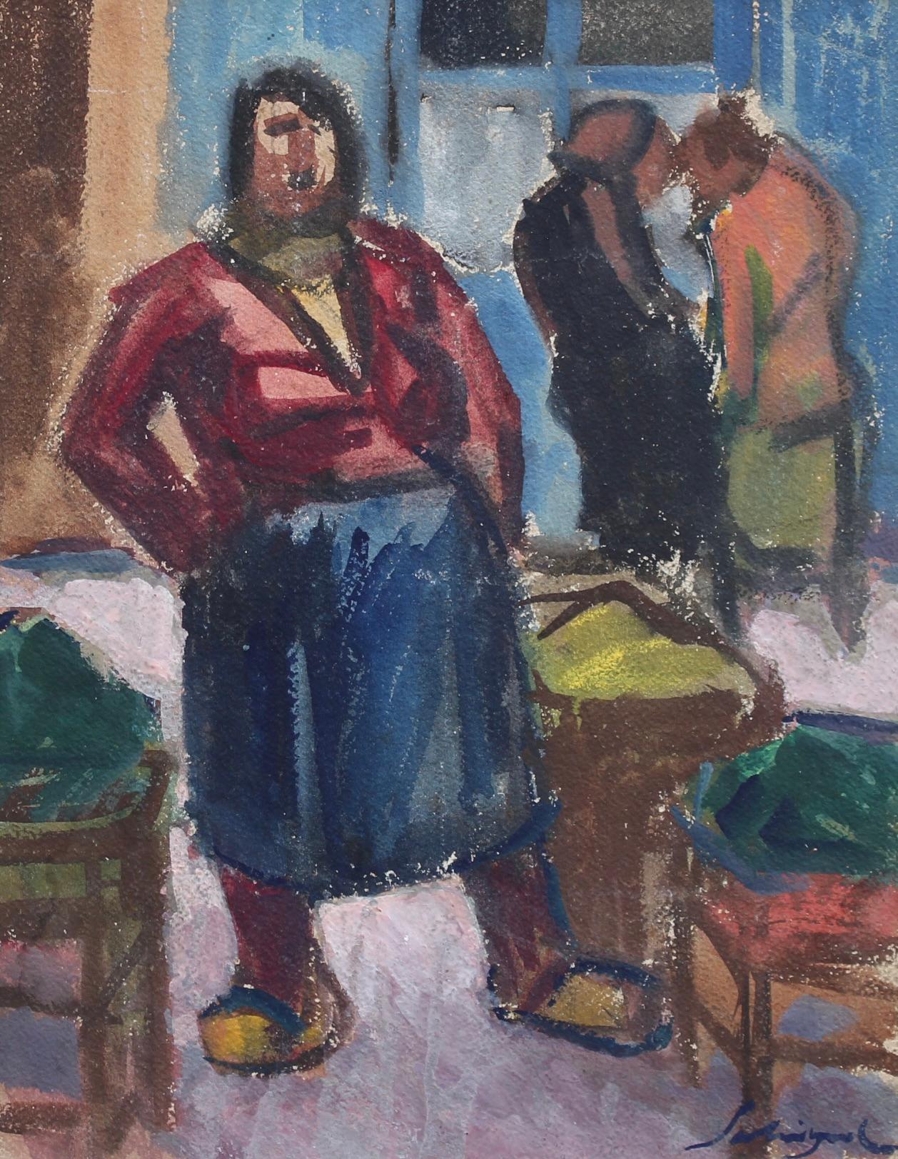 Französisches Vintage-Gemälde „Der Marktverkäufer in Nizza“ in Gouache – Painting von Alfred Salvignol