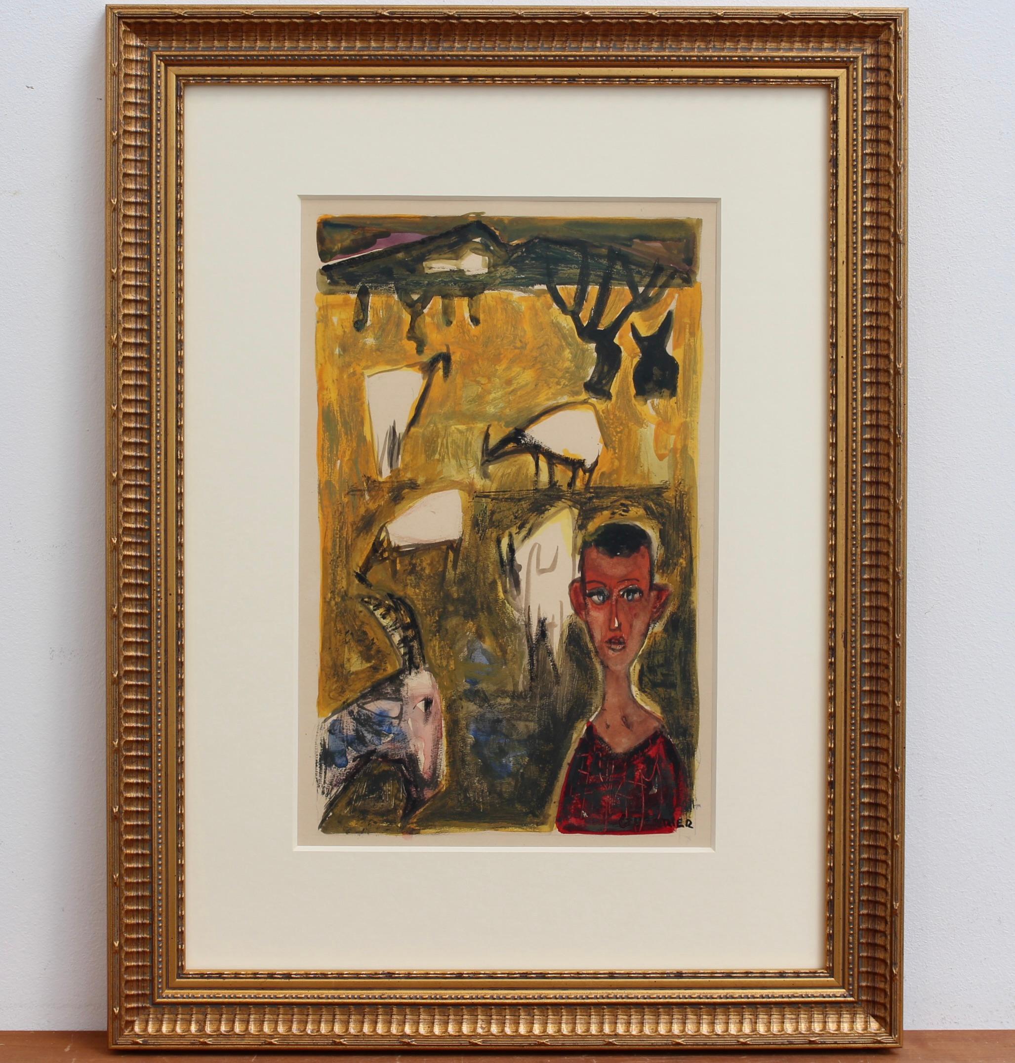 Raymond Guerrier Figurative Art – Landschaft mit Mann und Ziegen