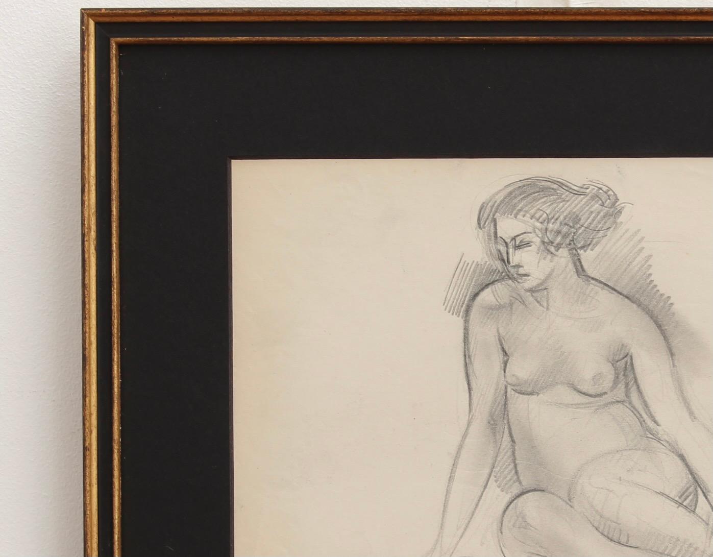 'Portrait of Seated Nude', pencil on art paper, by French artist, Guillaume Dulac (circa 1920s). An artist known for his exquisite drawings - many are sketches for his larger oil paintings or other works - this piece is compelling because its image