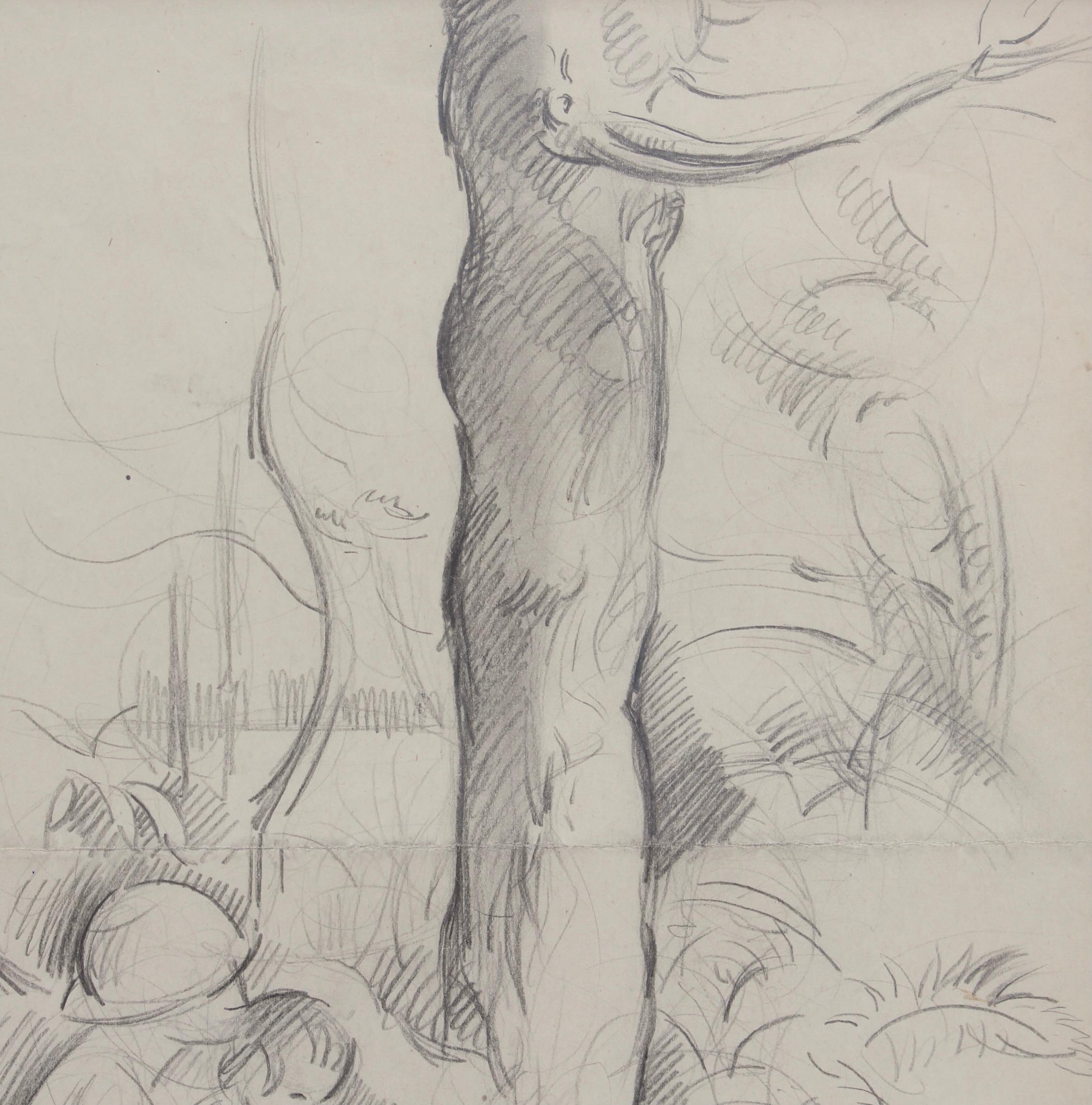 'Mother with Child Under a Tree', pencil on art paper, by French artist, Guillaume Dulac (circa 1920s). An artist known for his exquisite drawings - many are sketches for his larger oil paintings or other works, this piece's beauty lies once again