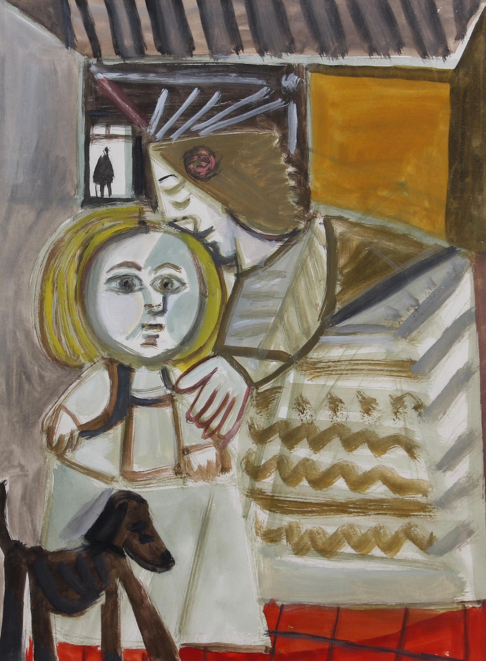'The Family', gouache on fine art paper (1984), by Raymond Dèbieve. In a clear nod to Picasso's influence both stylistically and in terms of subject matter (Picasso painted nearly 40 works with this theme), Dèbieve painted this warm tribute to