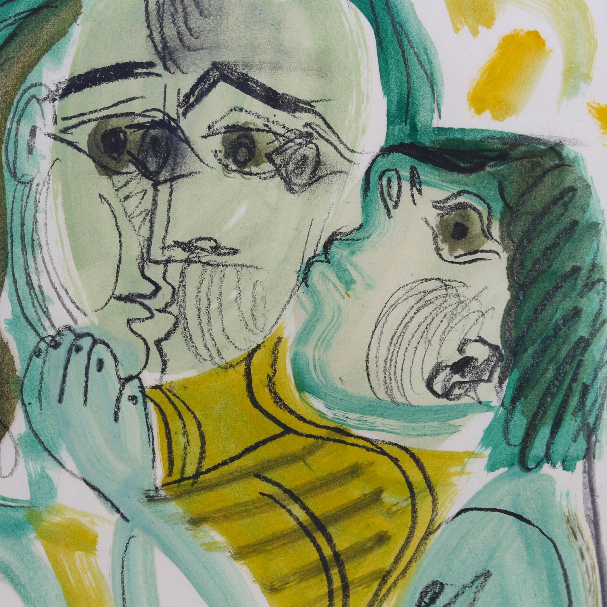 'Mother and Child', gouache, crayon and pencil on fine paper (1970), by Raymond Debiève (1931 - 2011). In a clear nod to Picasso's influence both stylistically and in terms of subject matter (Picasso painted nearly 40 works with this theme), Debiève