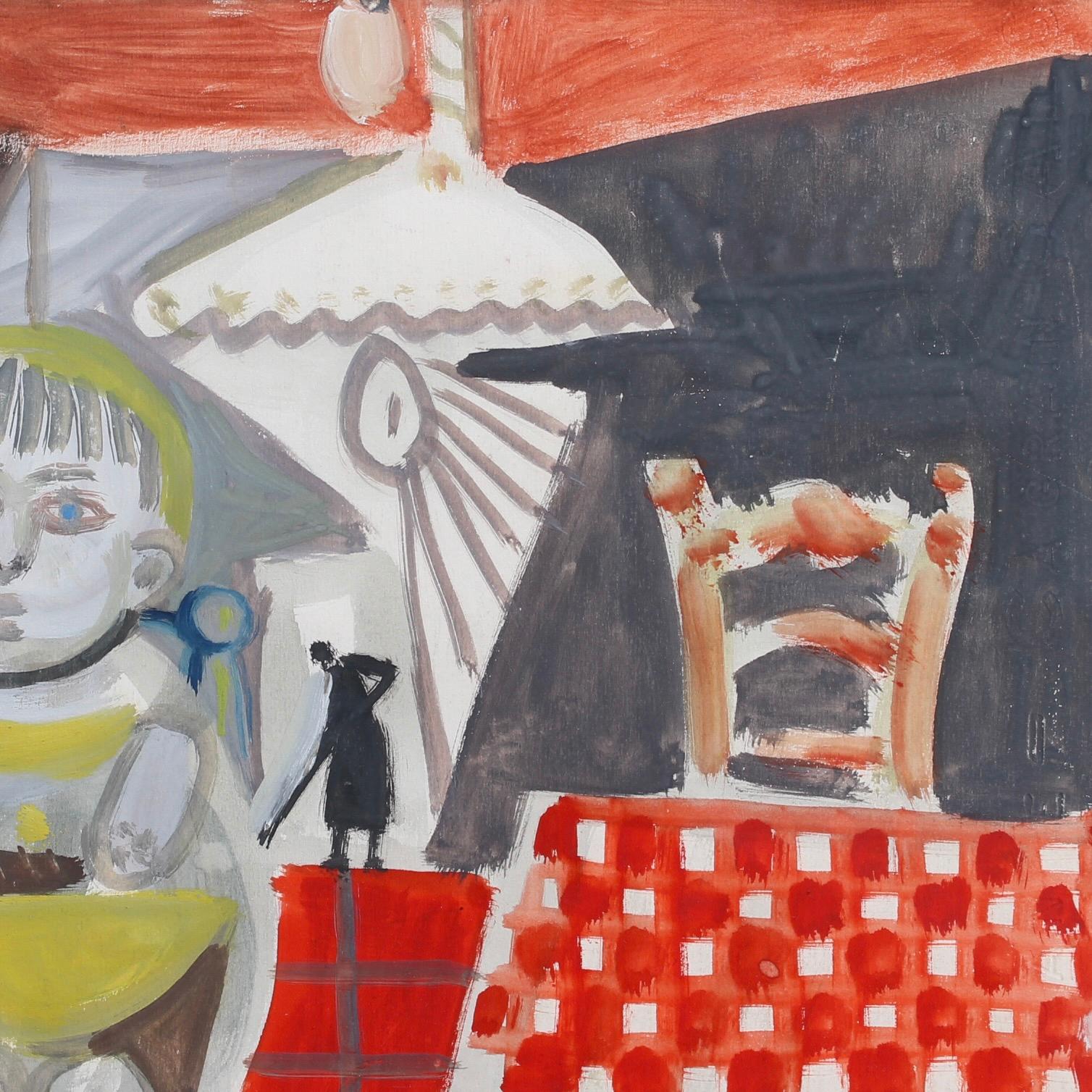'Portrait of a Child at Home', gouache on fine paper, by Raymond Dèbieve (1984). A charming scene of a toddler in his high chair and family dog under the table painted in Debiève's post-cubist style. Mum is seen doing housework in the background.