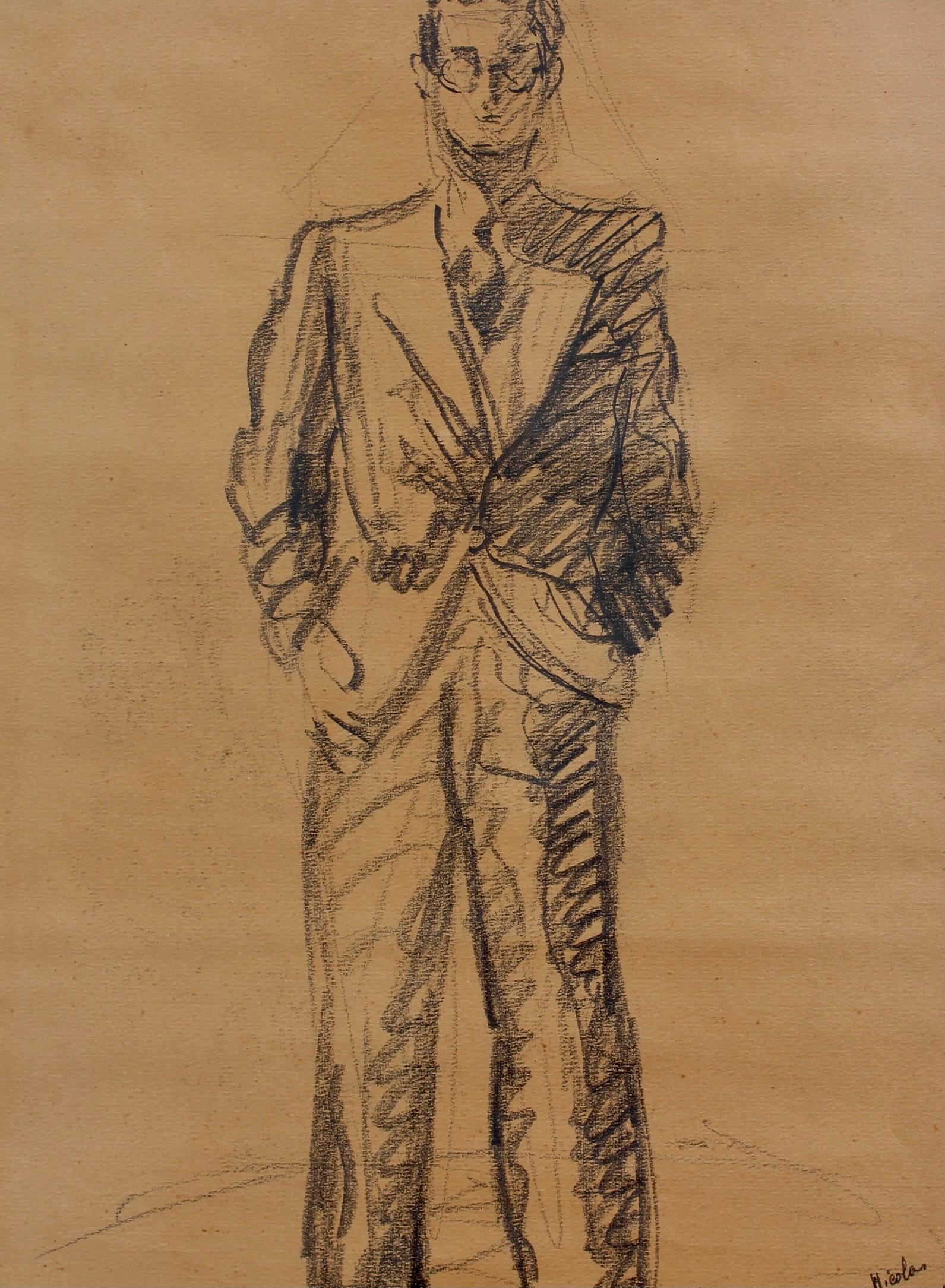 'Portrait of a Standing Man', charcoal on brown kraft paper, by Antoine Mortier (1938). Not best known for his portraiture, the assumption here is that the artist quickly yet skilfully sketched his friend, Nicolas, to whom this drawing was