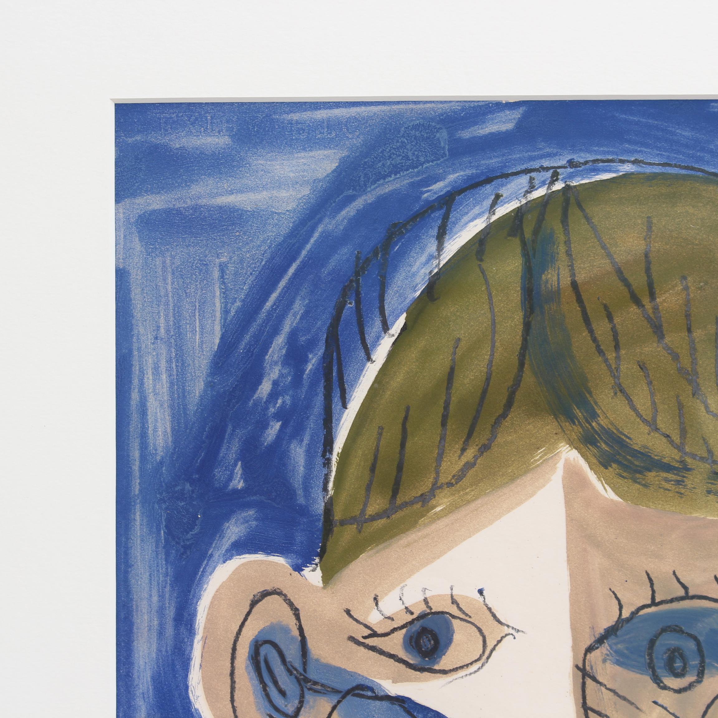 'Portrait of Boy in Blue', gouache on art paper, by Raymond Debiève (circa 1960s). Here the artist paints a young boy, very possibly his son, Vincent. In Debiève's artistic style, Picasso's influence is undeniable yet his own naive post-cubist
