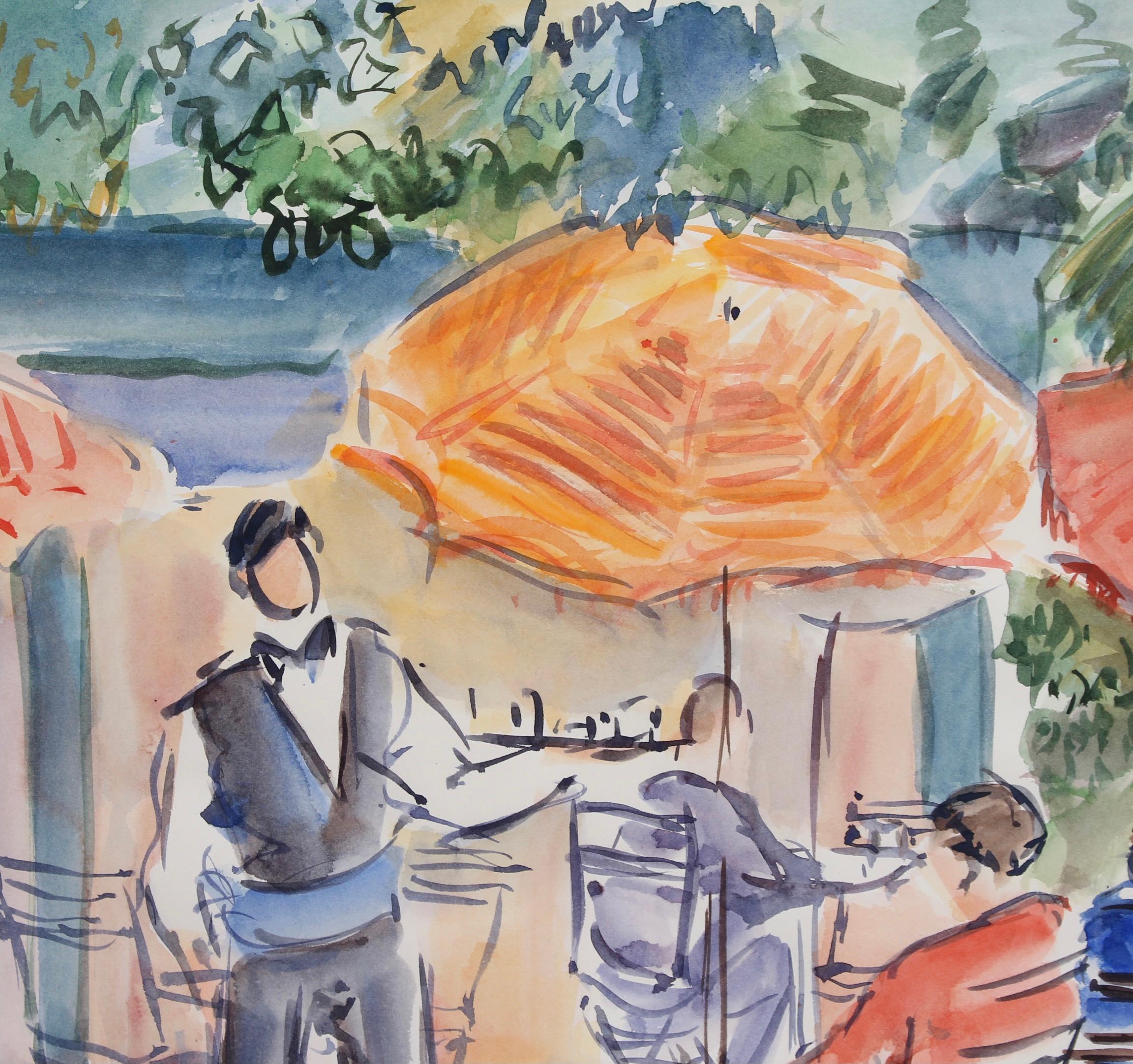 'Le Café', watercolour on paper, by Catherine Garros (circa 1990s). Many people's idea of heaven is being seated at an outdoor café somewhere in one of the lovely villages of Provence. The artist paints using colours which express the essence of the