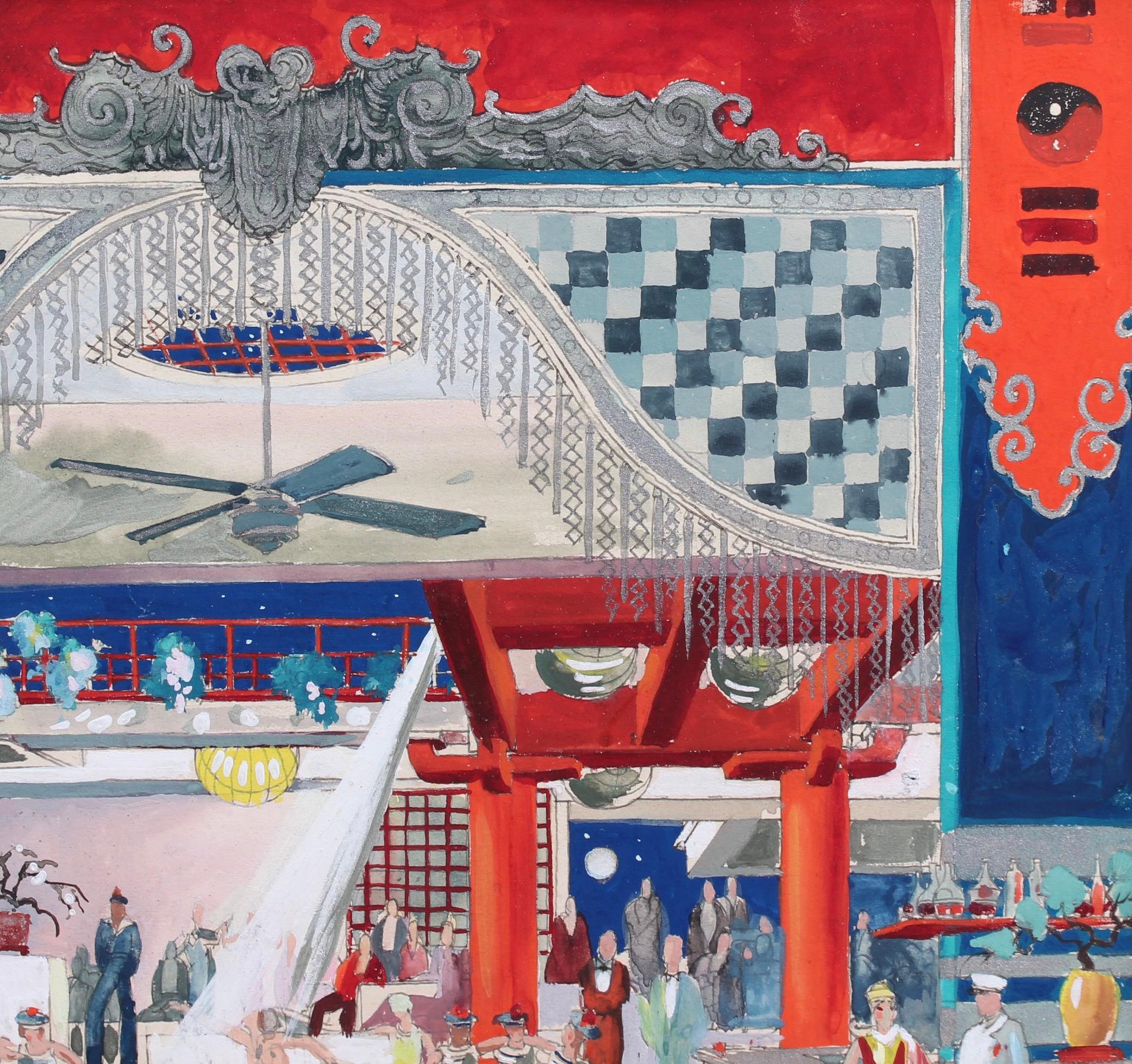 'Cabaret in an Asian Banquet Hall', pencil, gouache and metallic paint on card stock by an unnamed artist of the French School (20th Century). This is a fantastical port visit of the artist's imagination. It is a naive, but strangely compelling