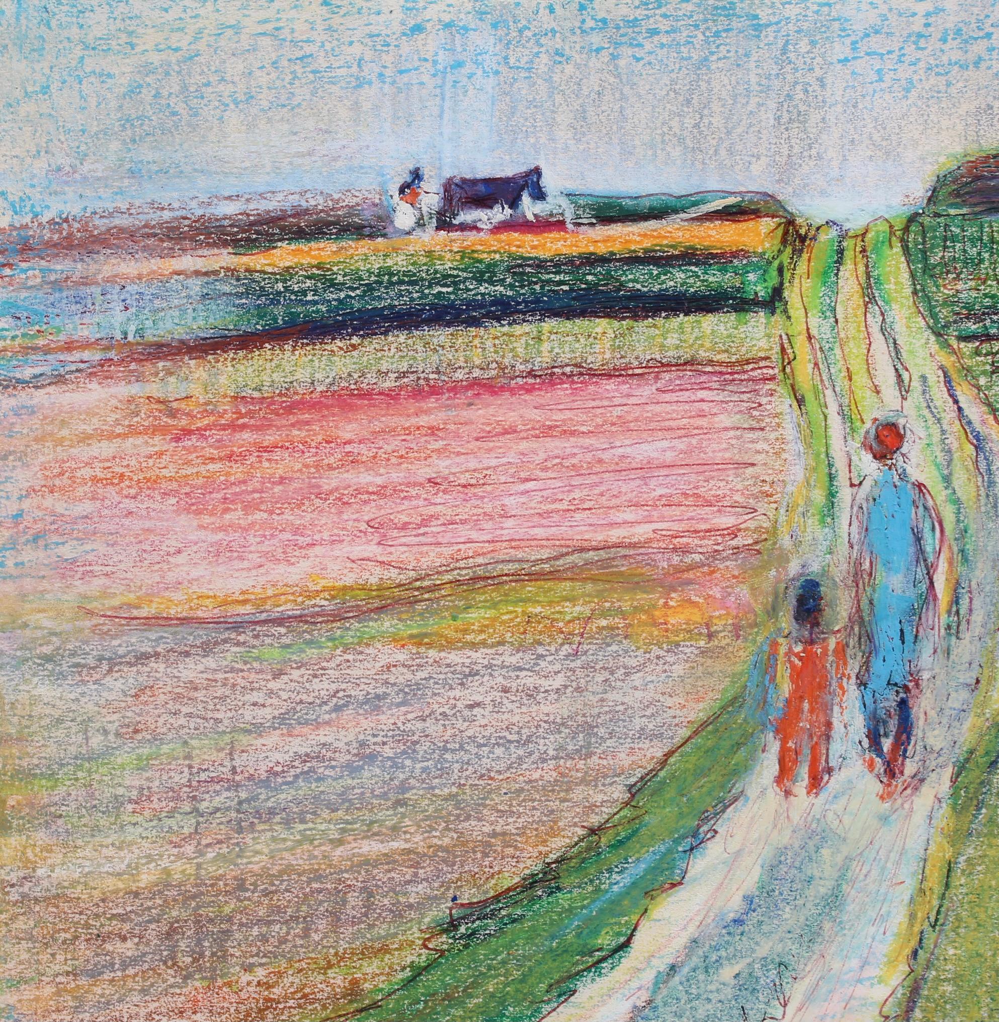 'Sur le chemin', pastel et encre sur papier d'art, par Suzanne Tourte (vers les années 1950). Exécutée avec une palette de couleurs vives, cette œuvre d'art moderne étonnamment sophistiquée dément son style plutôt naïf. Des champs fleuris, des