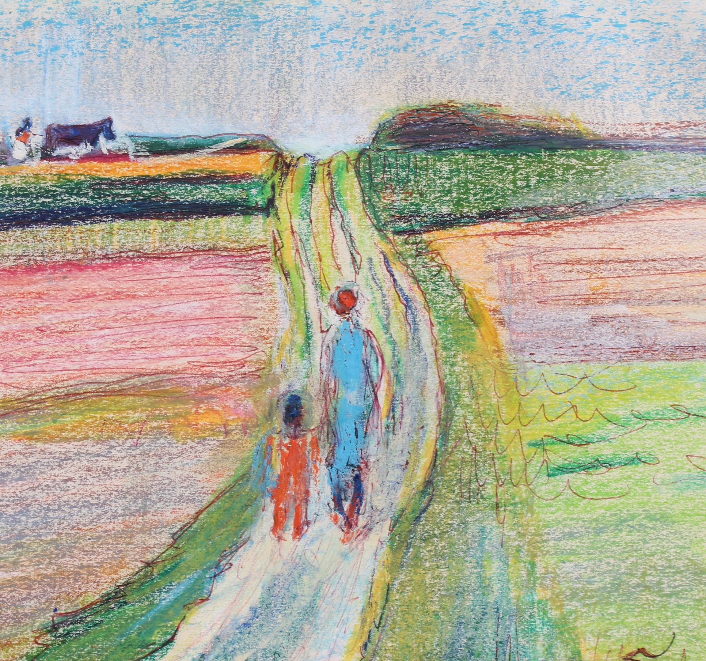 'On the Path', pastel and ink on art paper, by Suzanne Tourte (circa 1950s). Executed with a lively palette of colour, this is a surprisingly sophisticated modern work of art which belies its rather naive style. Flowered fields, green grassy