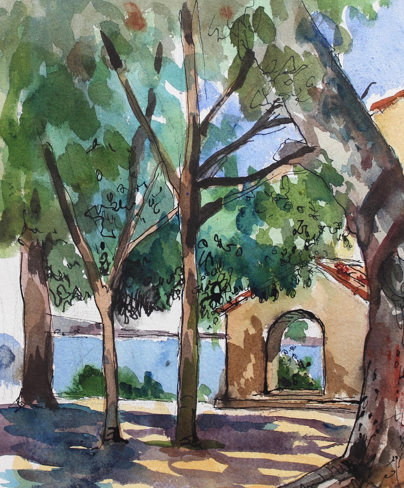 'The Garoupe Sanctuary, Antibes, France', watercolour and ink on paper, by Robert Dyens (1994). The artist depicts an iconic site of cultural importance at Cap d’Antibes, the Sanctuary of La Garoupe at which the Chapelle de La Garoupe is located, is