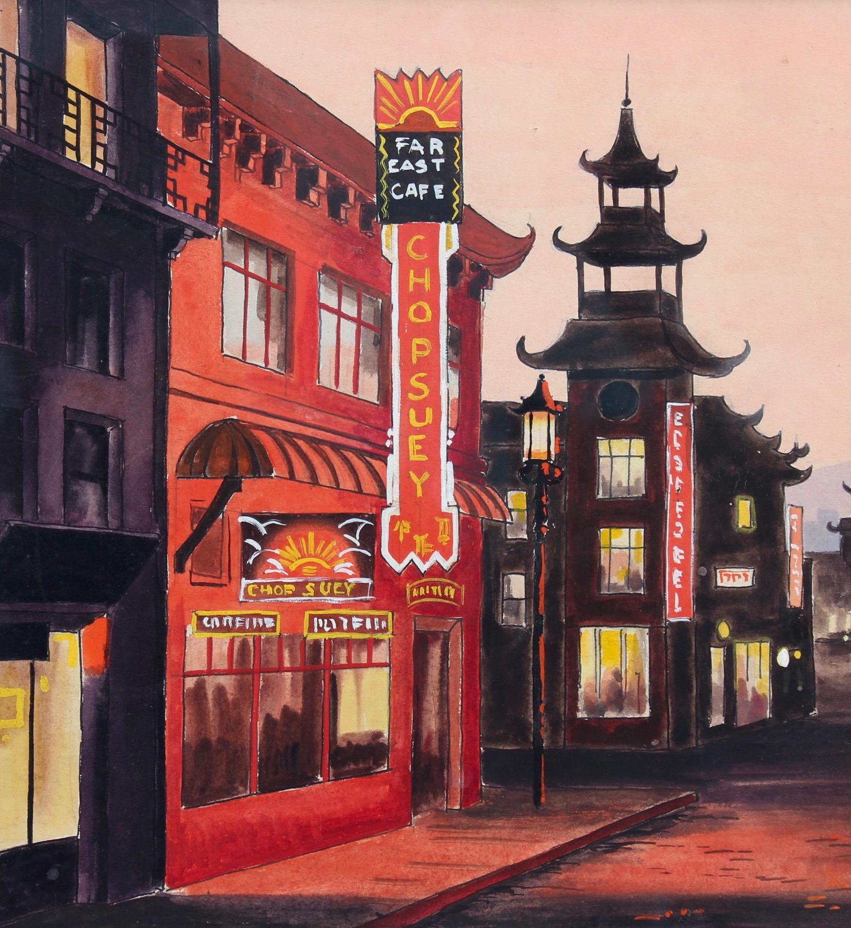 'Chinatown San Francisco at Twilight', ink and gouache, diptych on card stock, French School (circa 1950s). This artwork was discovered in Paris, France. The unnamed artist skilfully captured that magical moment at dusk when light is at its most