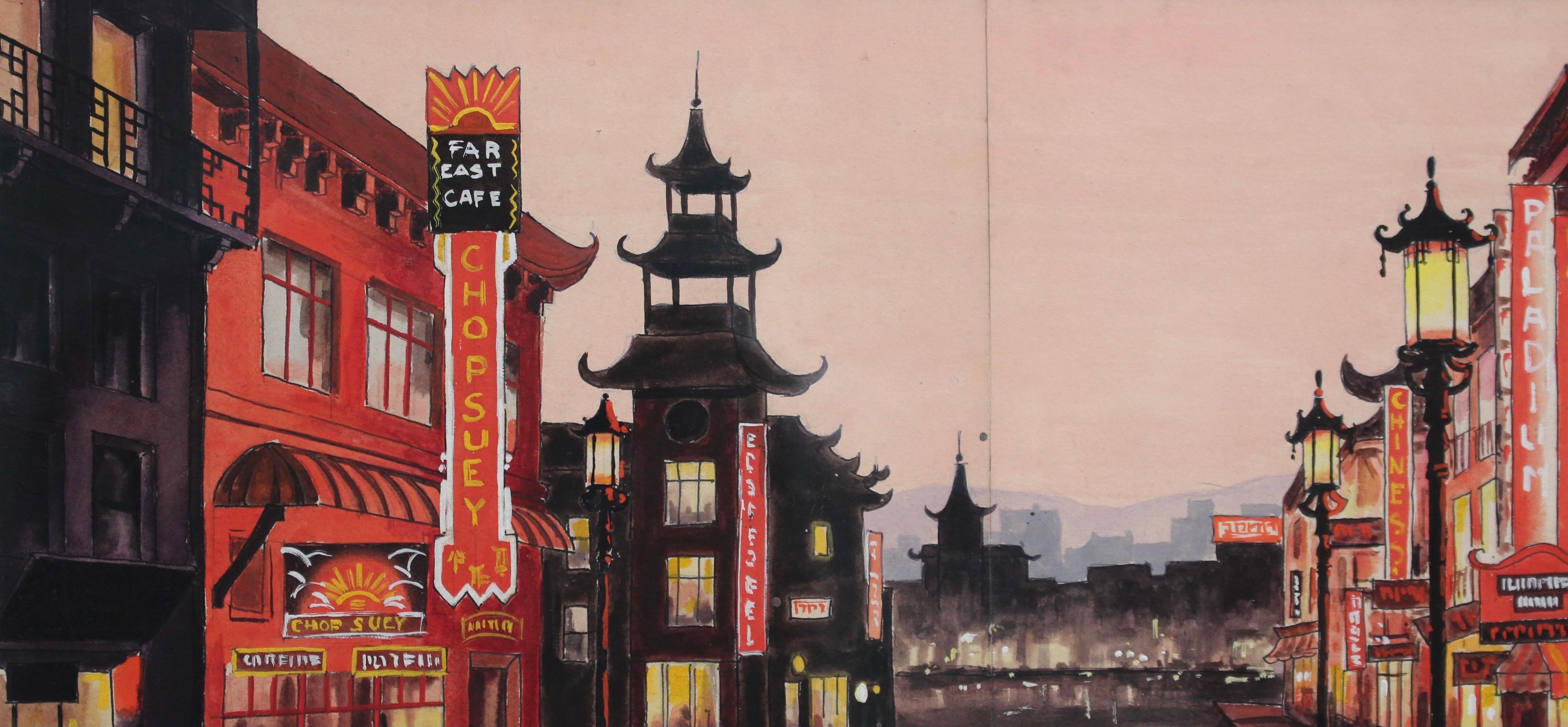 'Chinatown San Francisco at Twilight', French School (circa 1950s) For Sale 1