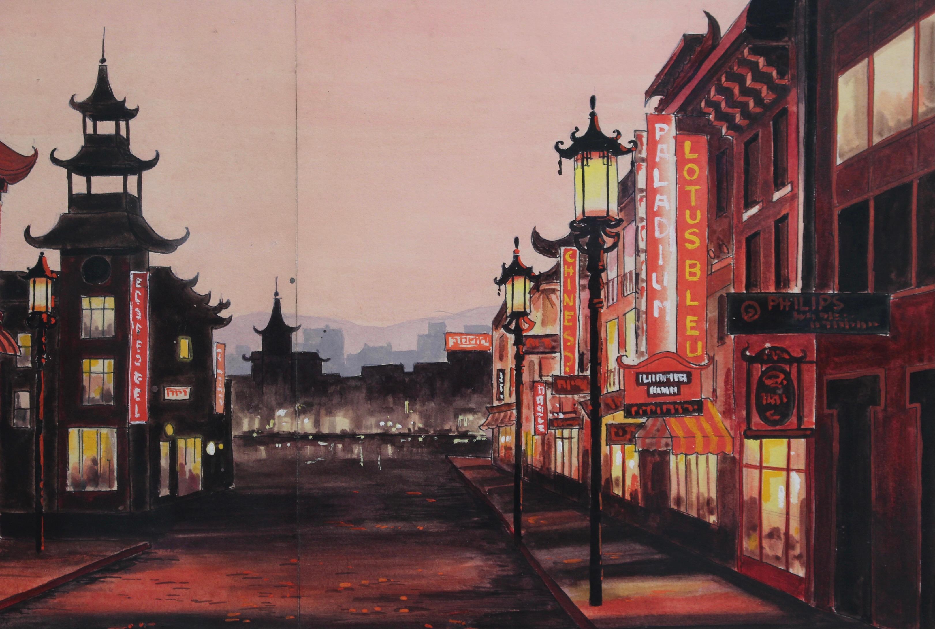 'Chinatown San Francisco at Twilight', French School (circa 1950s) For Sale 3