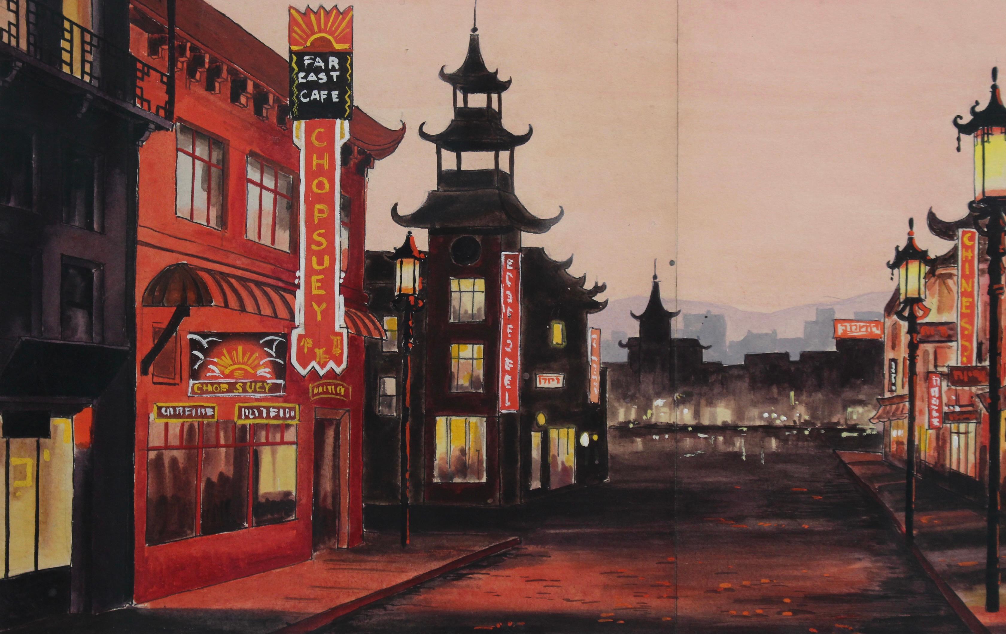 'Chinatown San Francisco at Twilight', French School (circa 1950s) For Sale 4