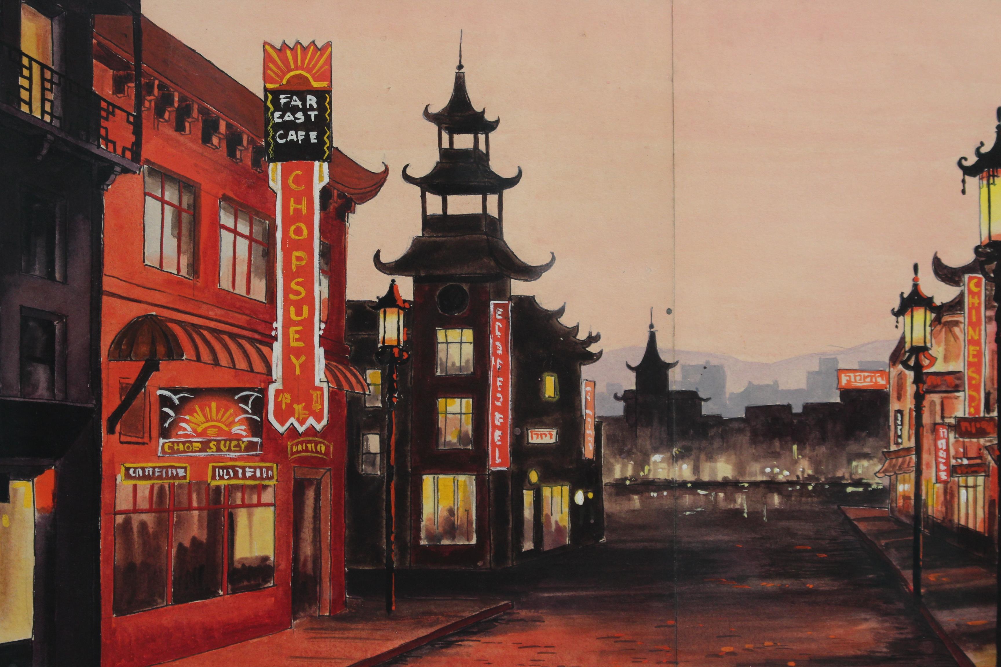 'Chinatown San Francisco at Twilight', French School (circa 1950s) For Sale 2