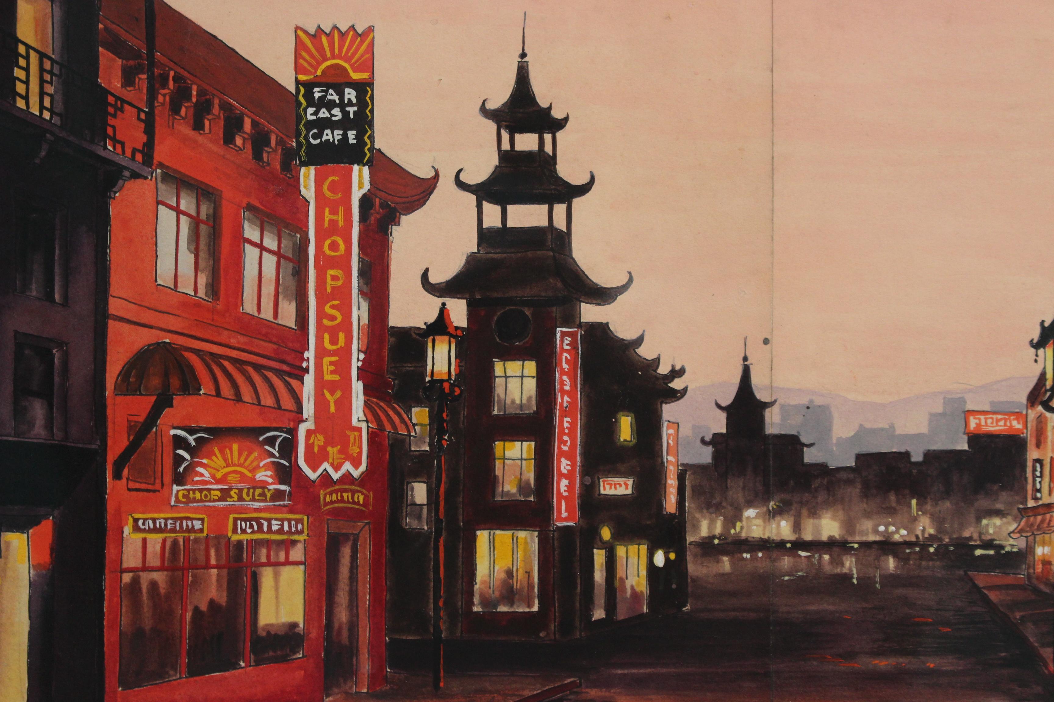 'Chinatown San Francisco at Twilight', French School (circa 1950s) For Sale 5