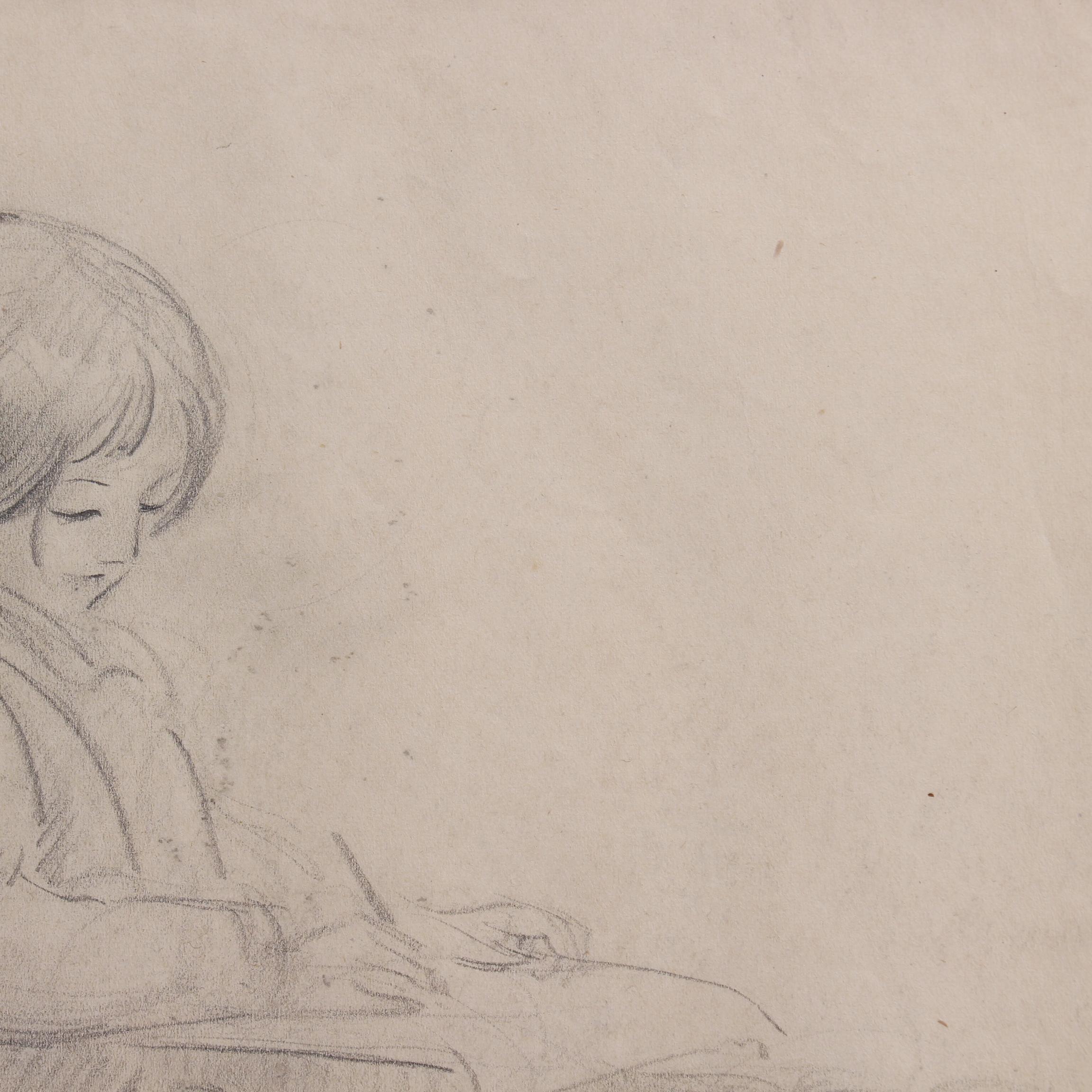 'Portrait of a Young Girl Writing', pencil on art paper, by French artist, Guillaume Dulac (circa 1920s). An artist known for his exquisite drawings - many are sketches for his larger oil paintings or other works, this piece's beauty lies in its
